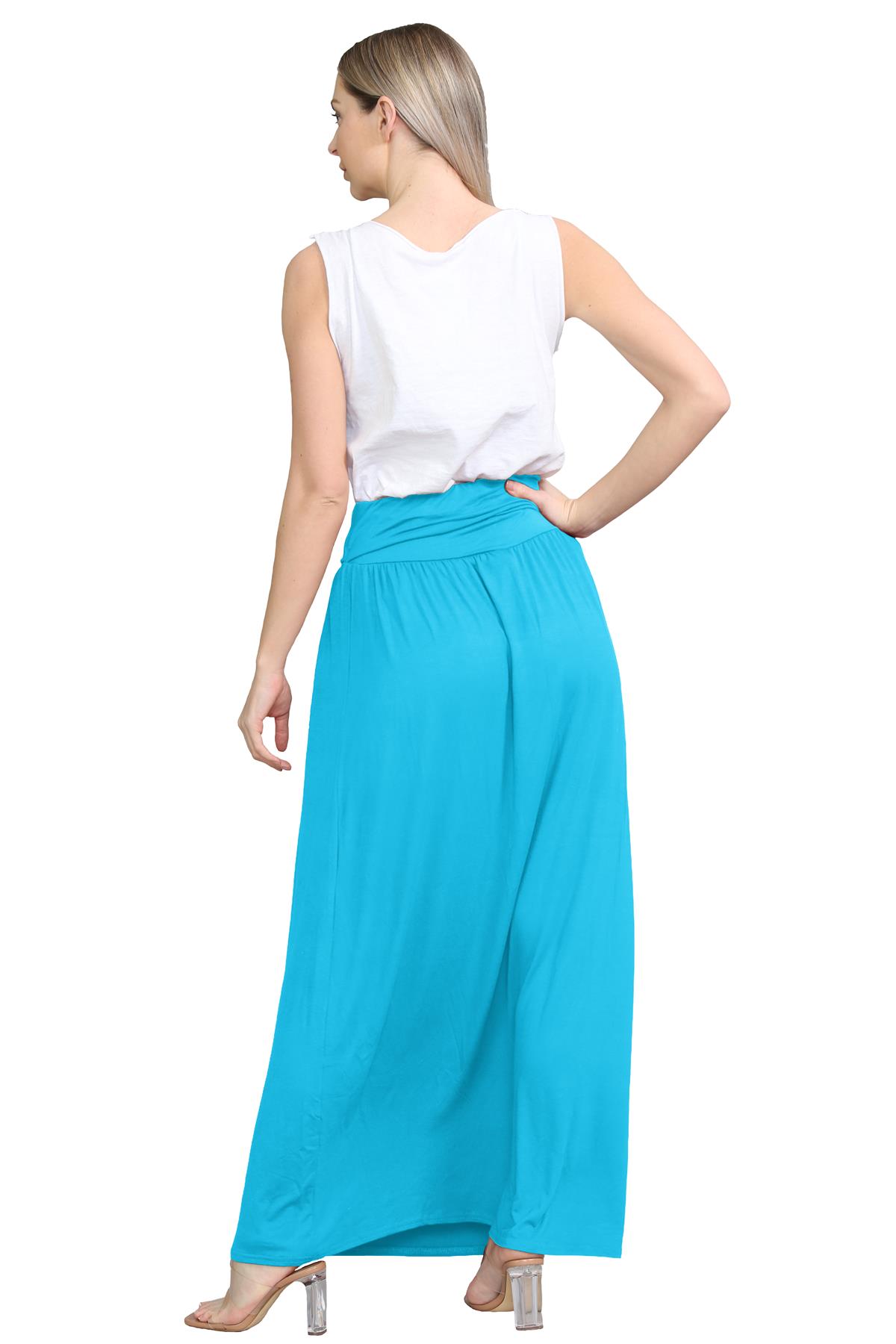 Womens Fold Over Maxi Skirt Plain Pleated Waist Jersey Summer Gypsy Long Skirt - Picture 58 of 68