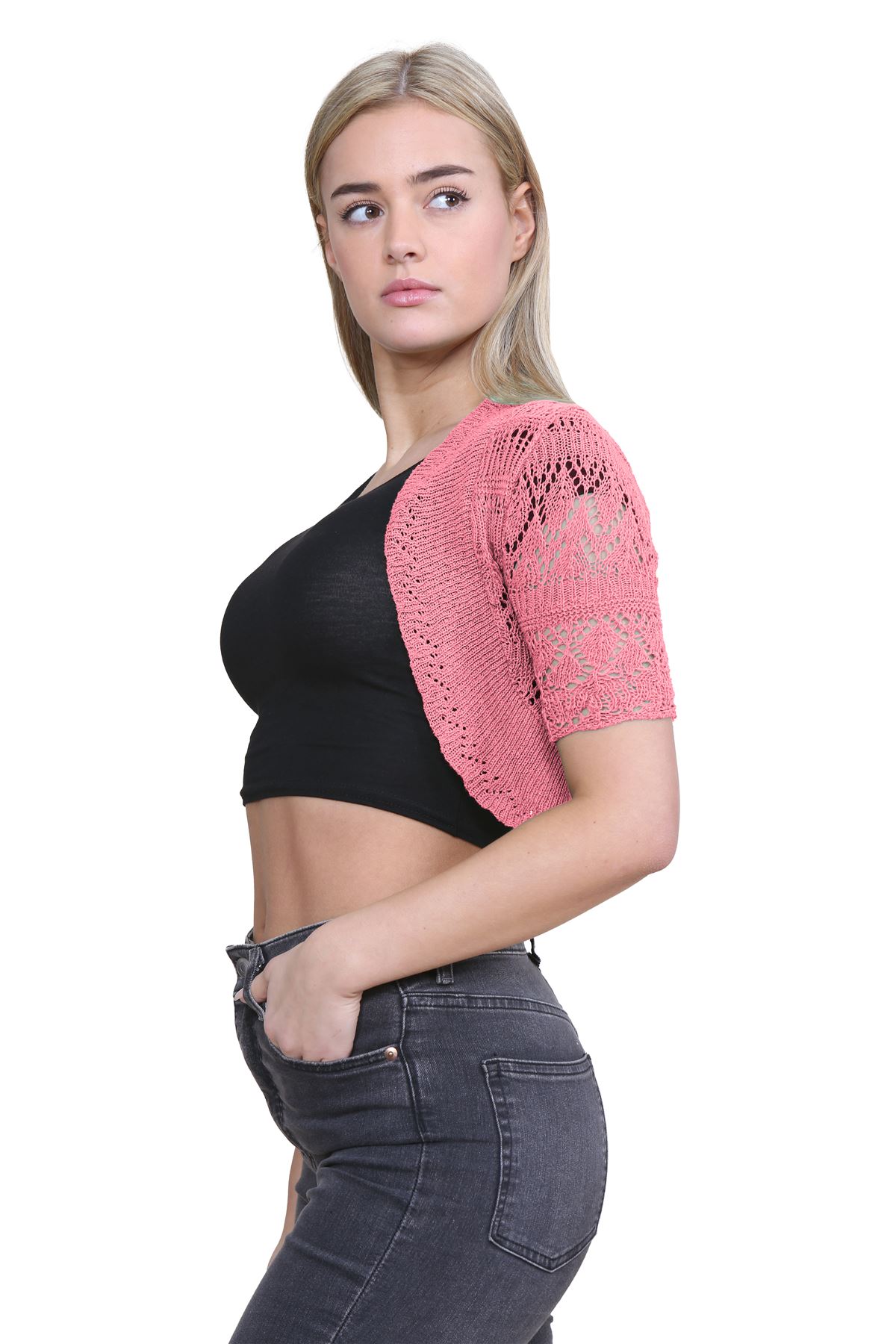 Womens Crochet Knitted Bolero Shrug Short Sleeve Open Front Cardigan Crop Top - Picture 39 of 186