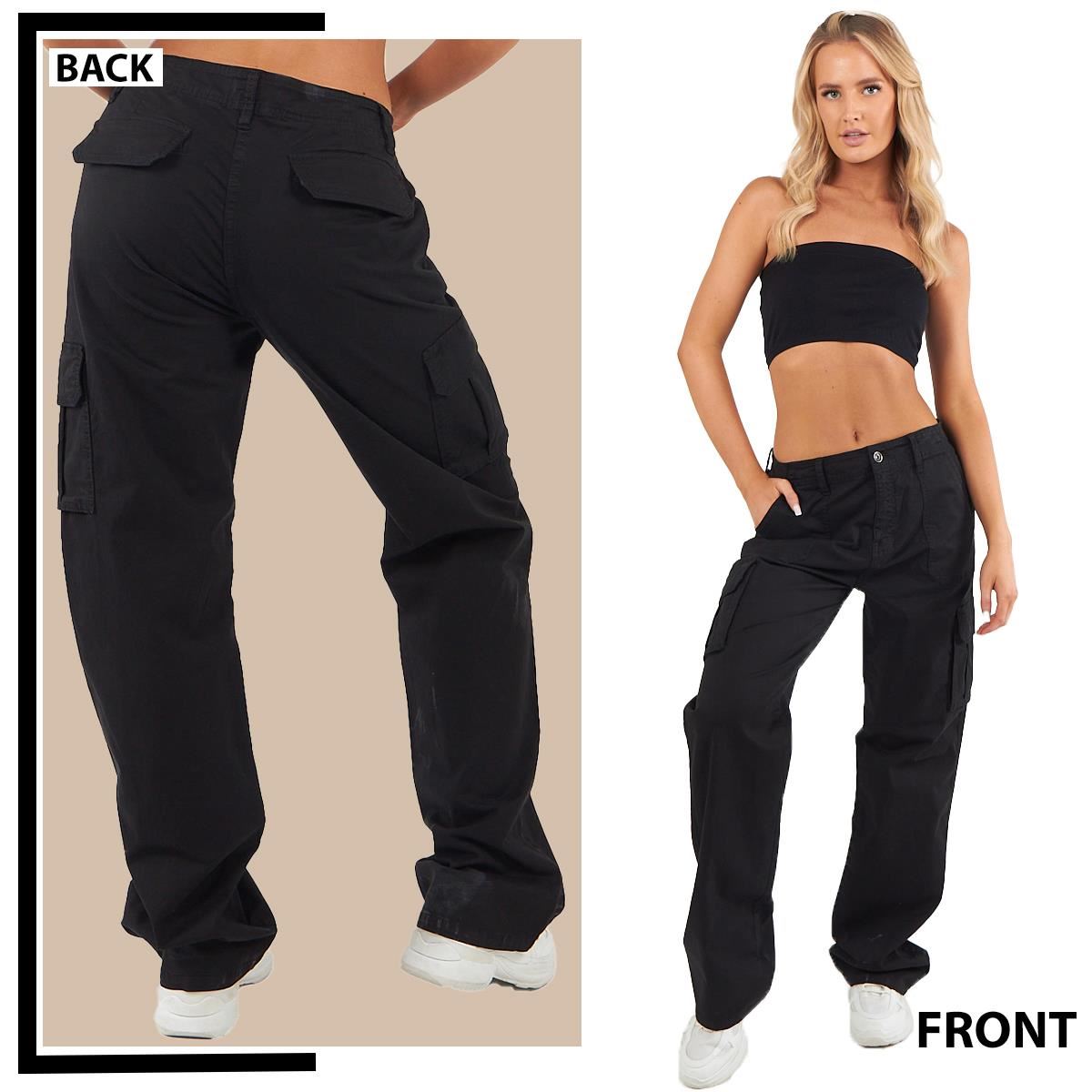 Pantalones de carga de algodón para mujer bolsillos de cintura baja calce suelto pierna ancha pantalones de combate - Imagen 6 de 26