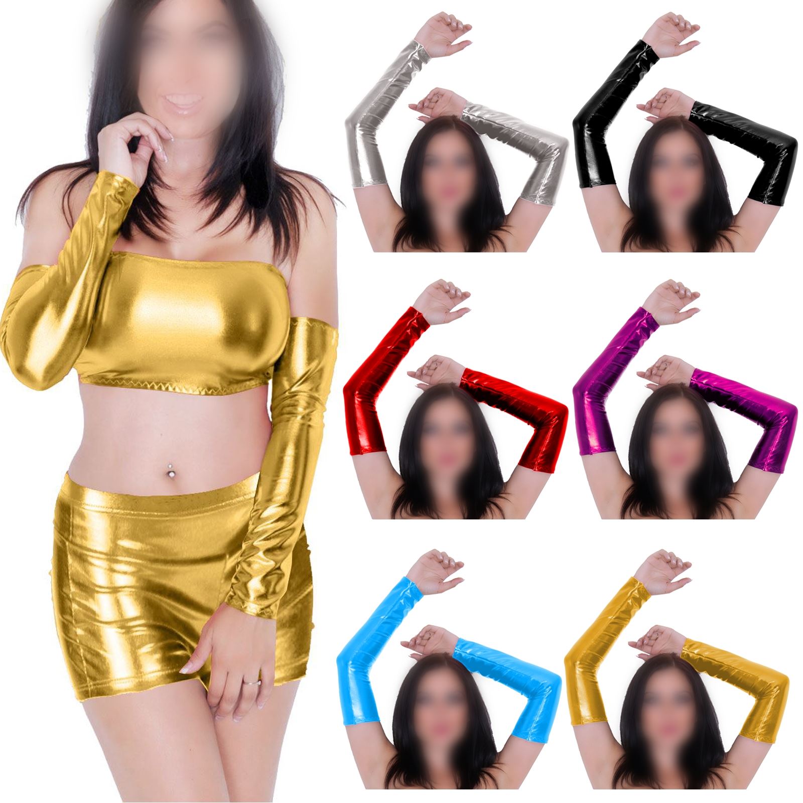 Womens Ladies Shiny Metallic Wet Look Sleeve Fingerless Arm Warmer One Size