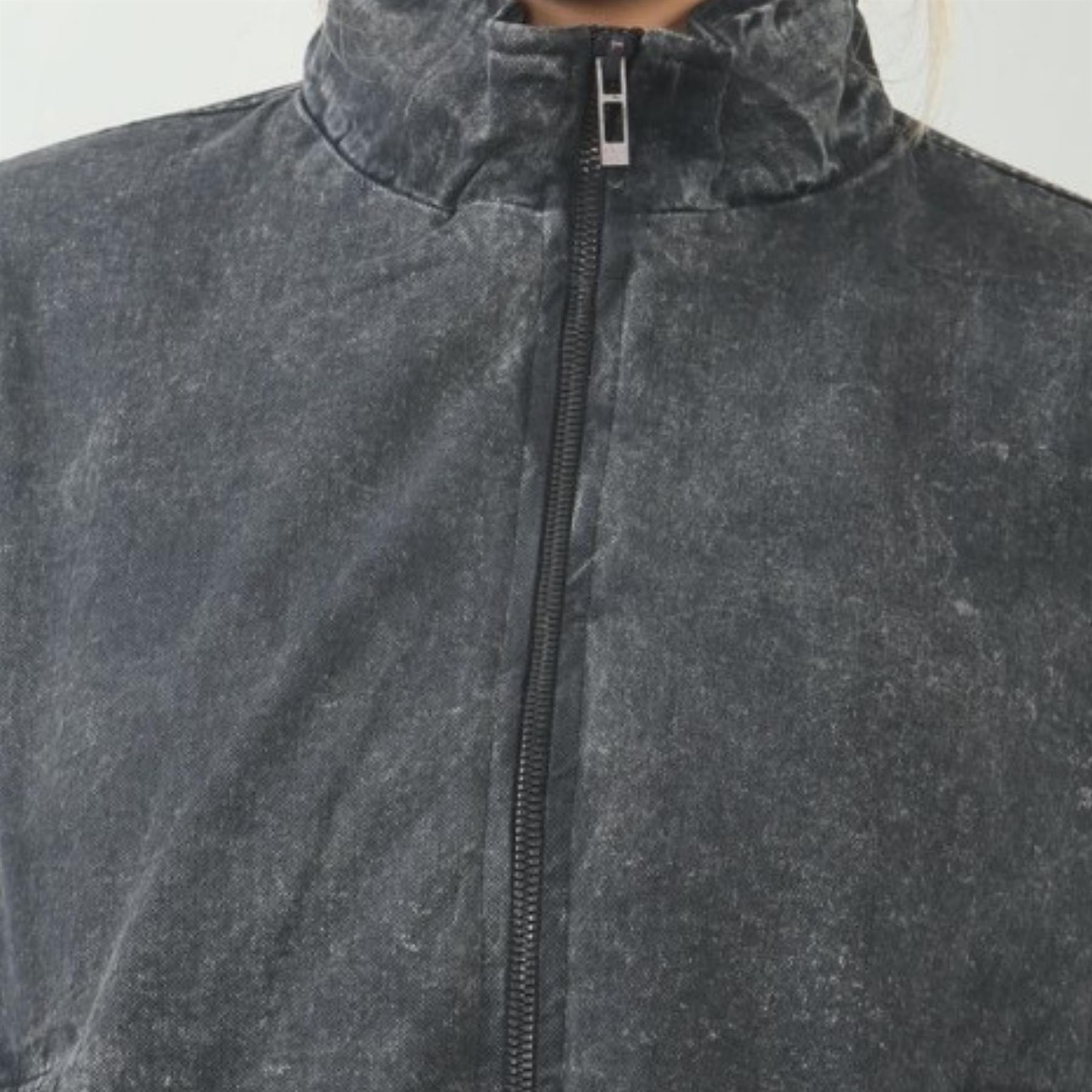 Damen-Bomberjacke Acid Washed lässig Reißverschlusskragen Oberbekleidung kurzer Wintermantel - Bild 5 von 18