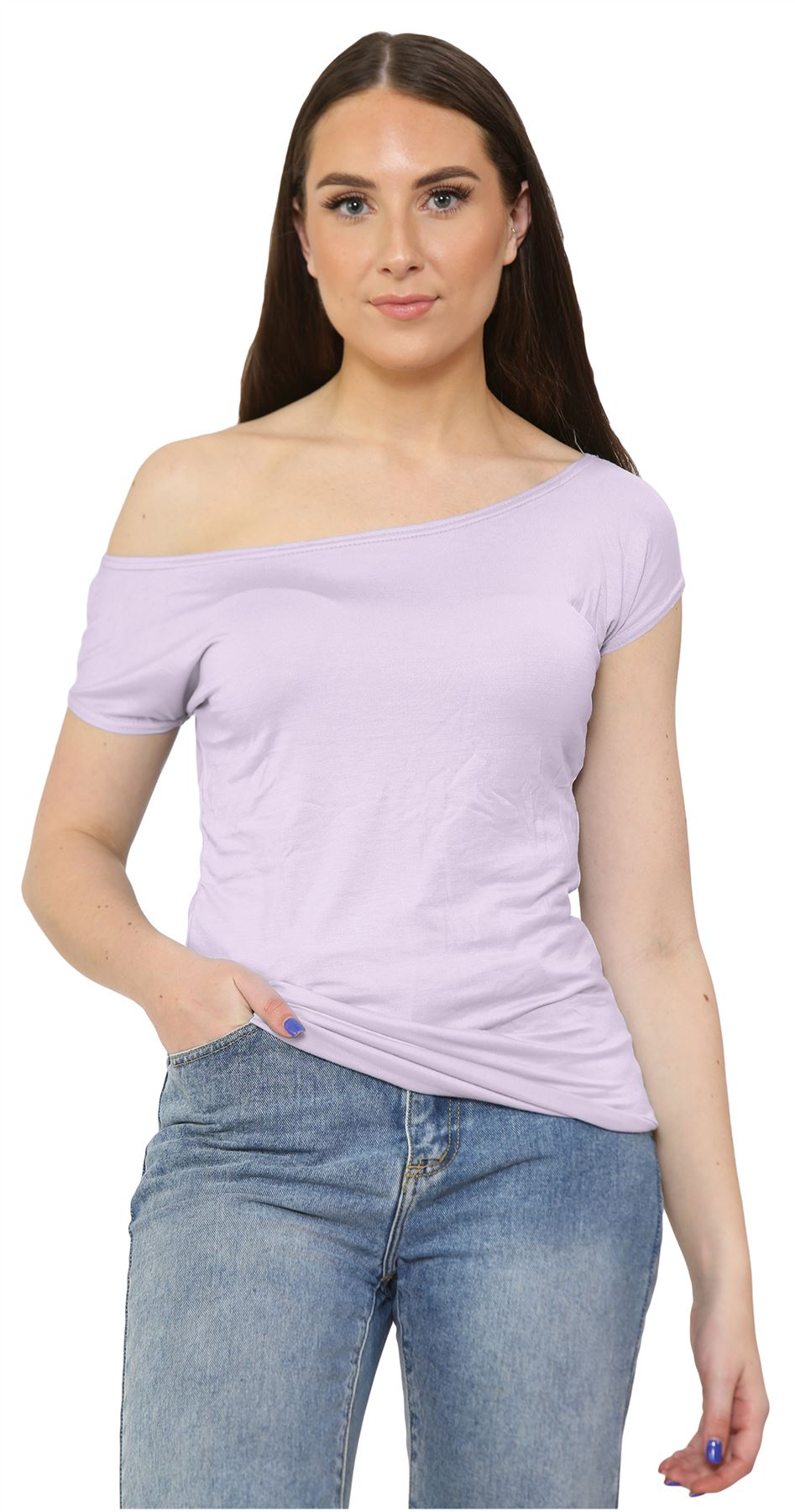 Nuevo Damas Mangas Cortas Hombro Liso Elastizado Calce Ajustado Bardot Camiseta Prenda para el torso - Imagen 14 de 58