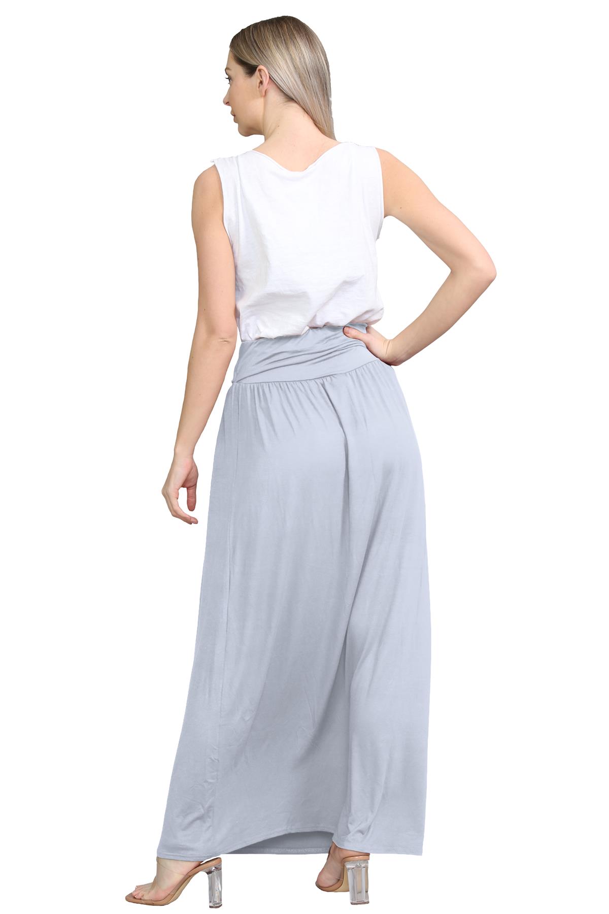 Womens Fold Over Maxi Skirt Plain Pleated Waist Jersey Summer Gypsy Long Skirt - Picture 25 of 68