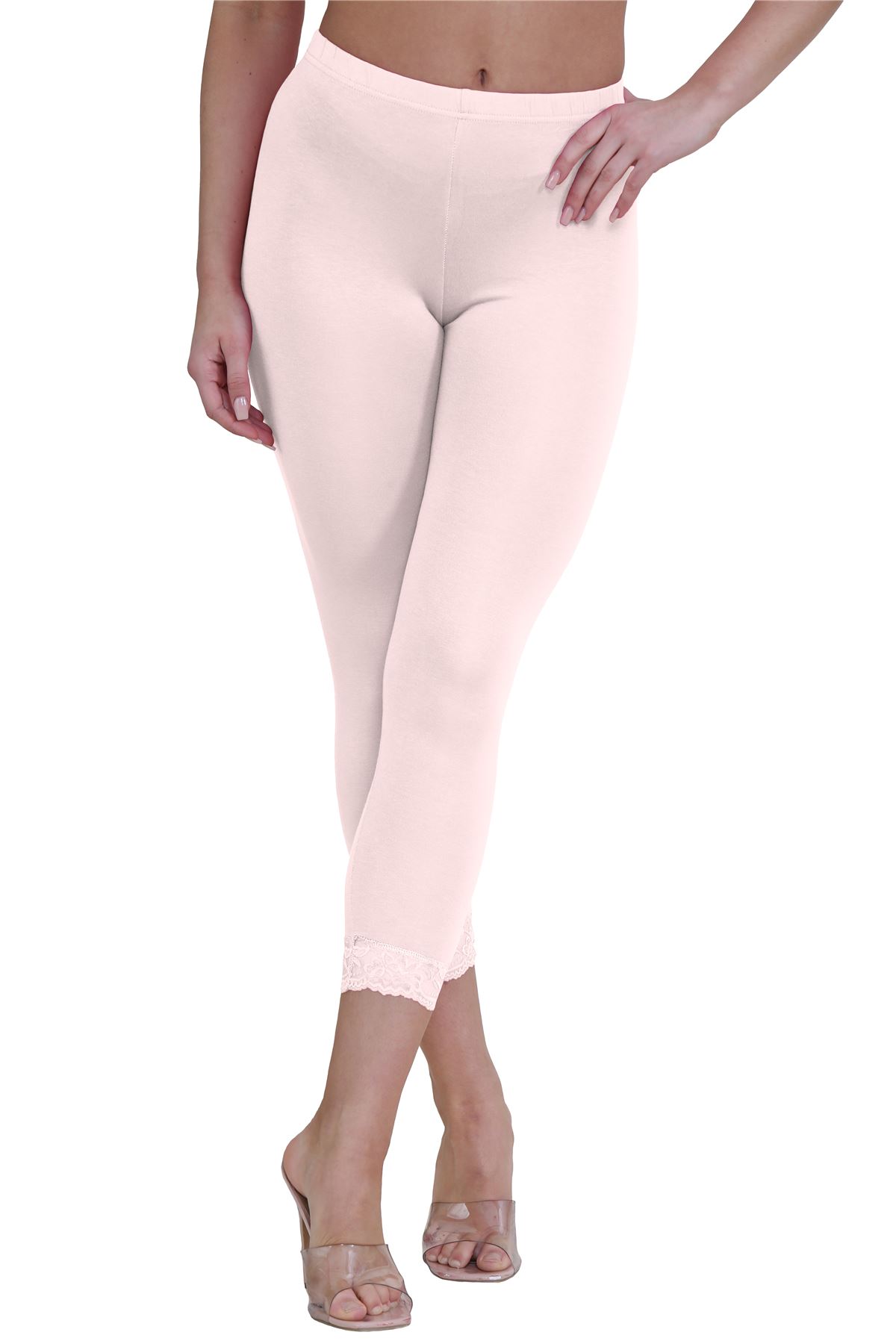 New Ladies Plain Lace Trim Cropped Yoga Stretchy 3/4 Length Capri Leggings Pants - Picture 56 of 132