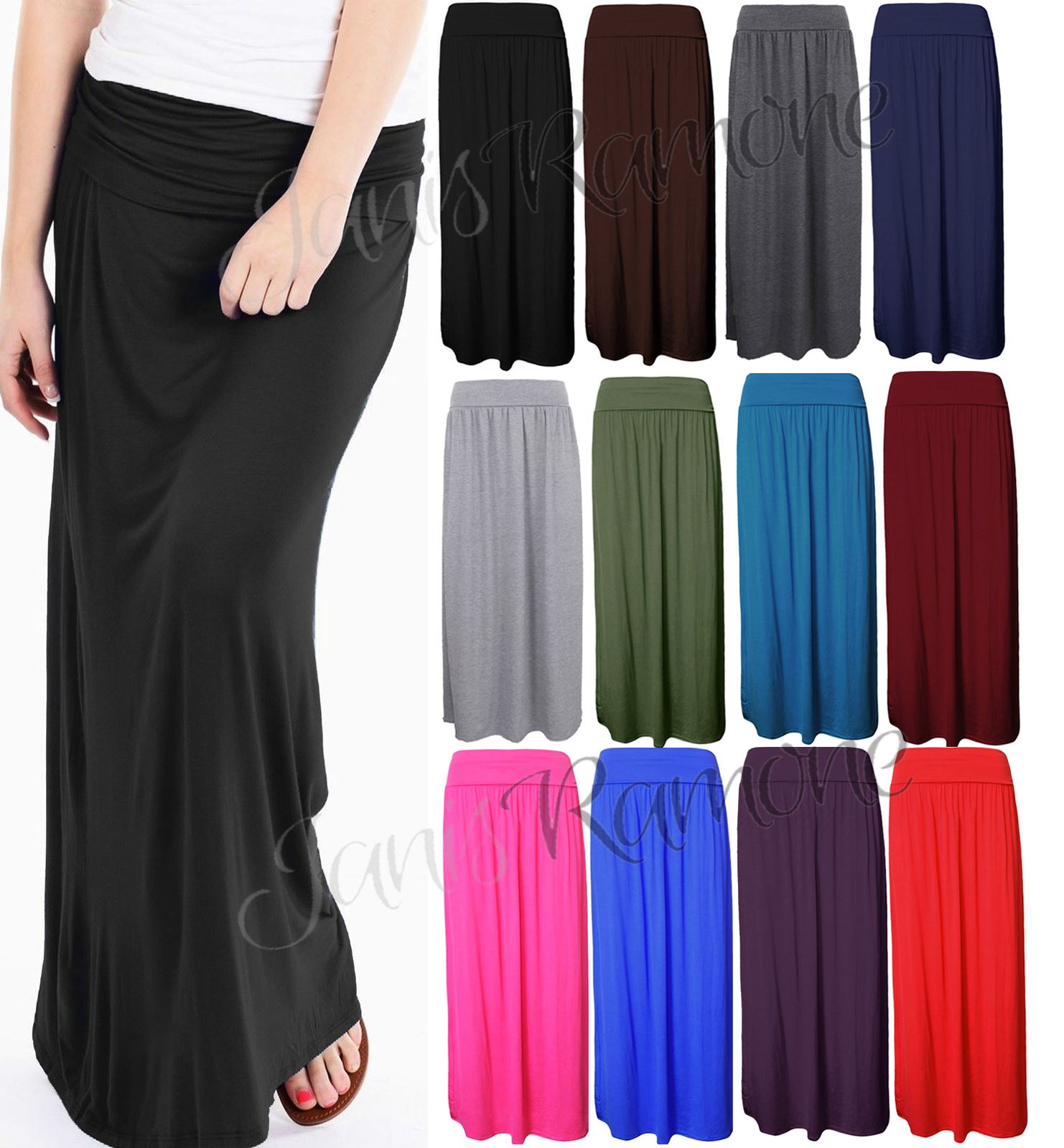 New Womens Plain Pleated Fold Over Waist Jersey Gypsy Long Maxi Skirt