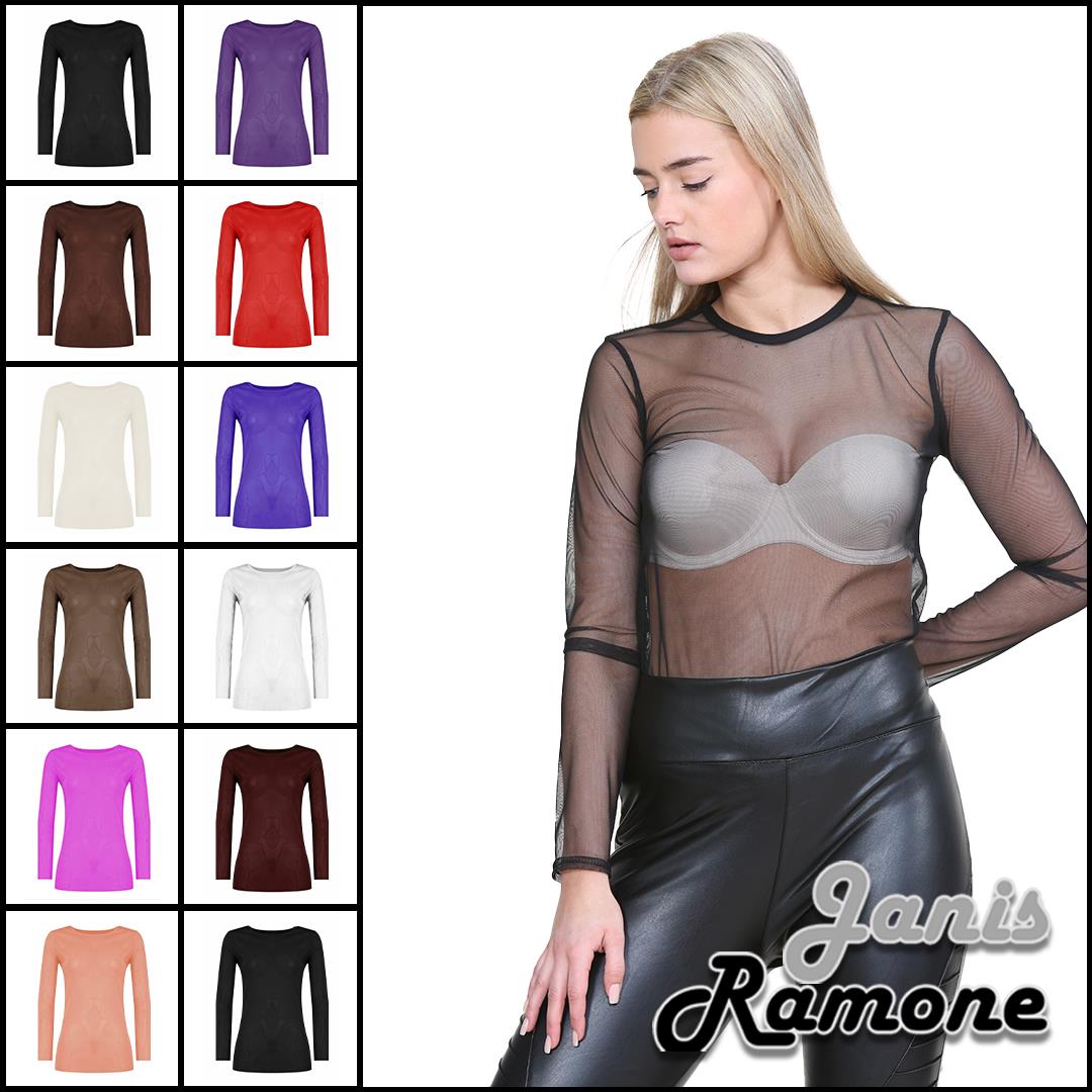 Womens Mesh Top Long Sleeve T-Shirt See Through Top Sheer Blouse