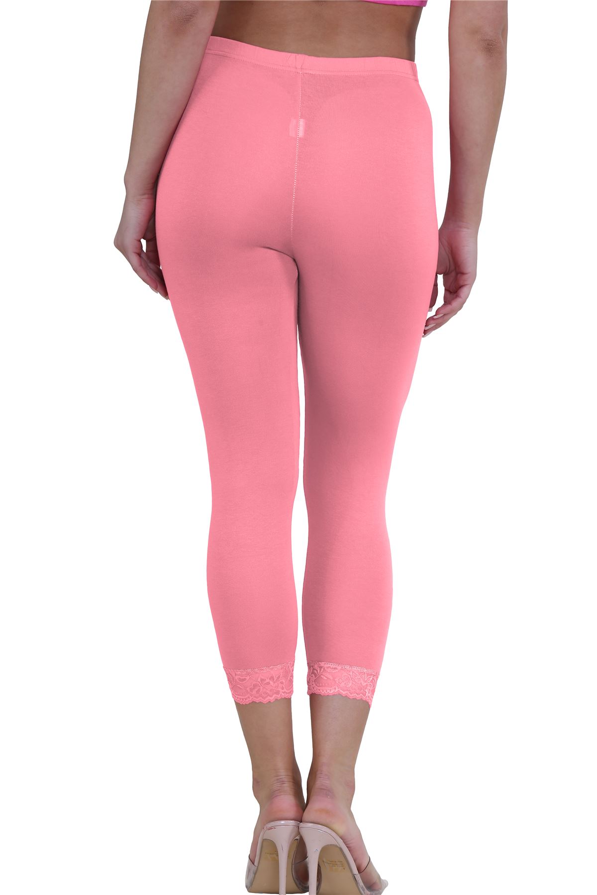 New Ladies Plain Lace Trim Cropped Yoga Stretchy 3/4 Length Capri Leggings Pants - Picture 95 of 132