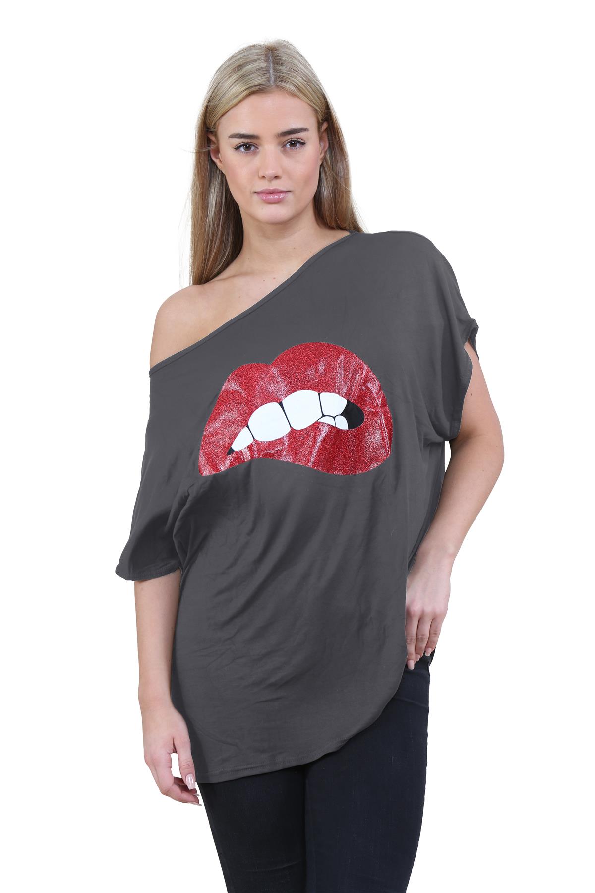 Womens Off Shoulder Top Batwing Sleeve Bardot Oversized T Shirt Plain Summer Top - Picture 160 of 225
