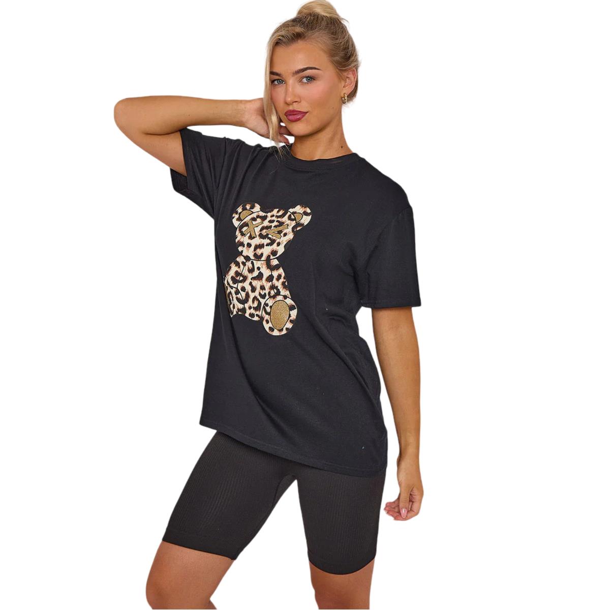 Camiseta de manga corta para damas con gráfico de peluche de leopardo informal holgada de gran tamaño - Imagen 3 de 11