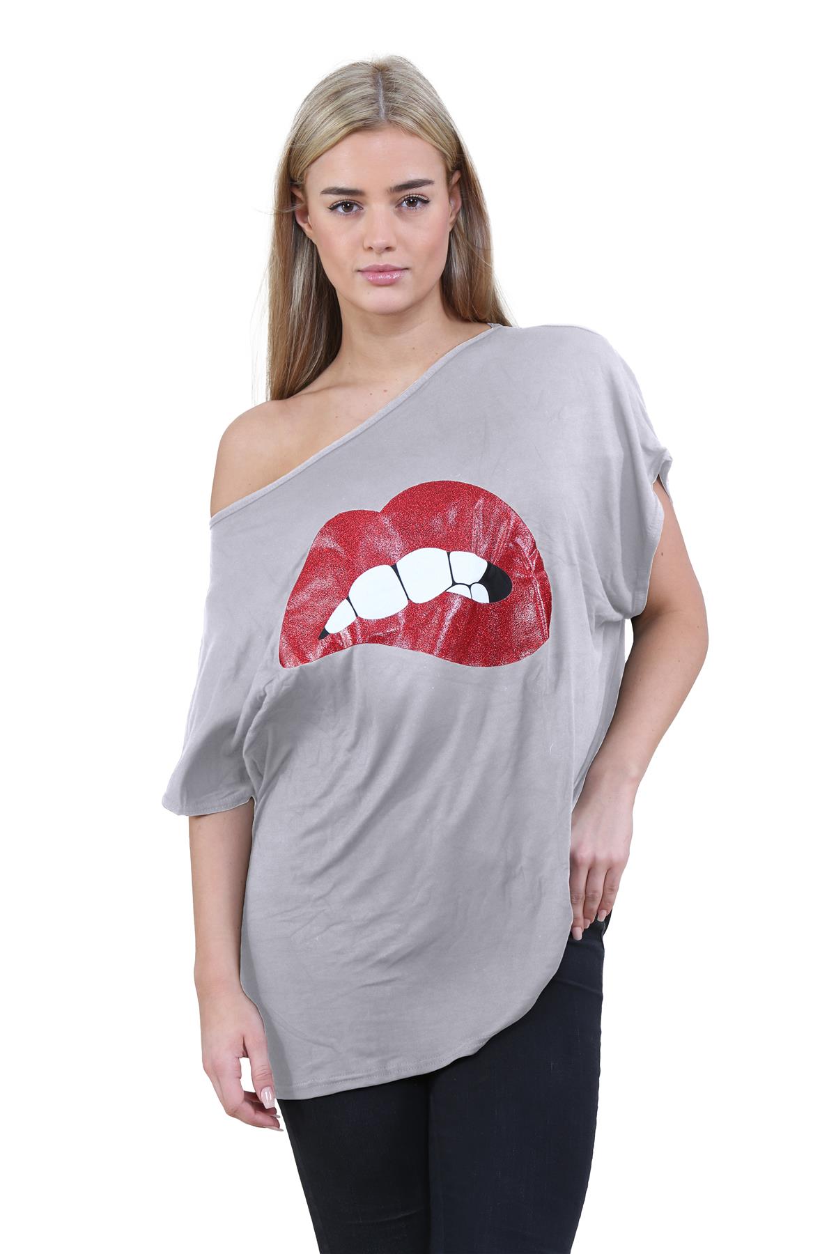 Womens Off Shoulder Top Batwing Sleeve Bardot Oversized T Shirt Plain Summer Top - Picture 166 of 225