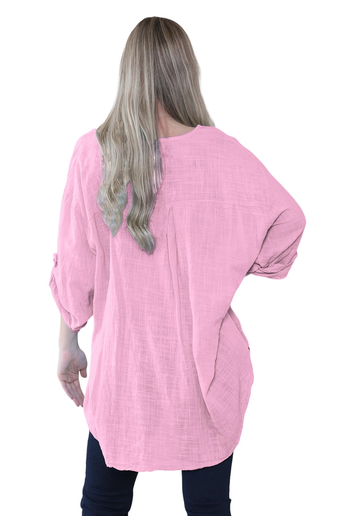 Camiseta informal lisa de lino y algodón con un botón de manga giratoria italiana para dama - Imagen 38 de 63
