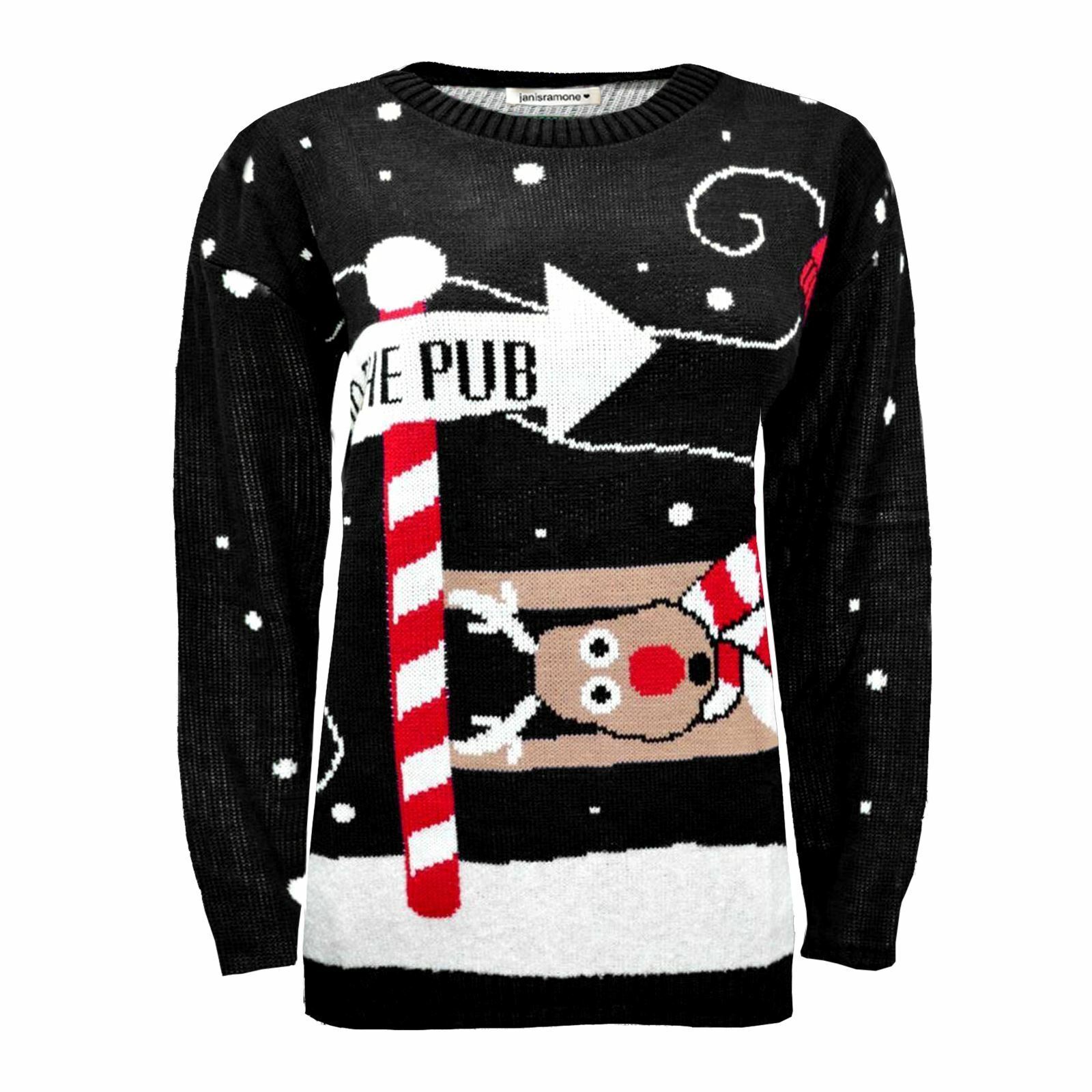 Christmas Reindeer Jumper Womens Knitted Funny Xmas Sweater Unisex Retro Jumpers - Picture 90 of 128