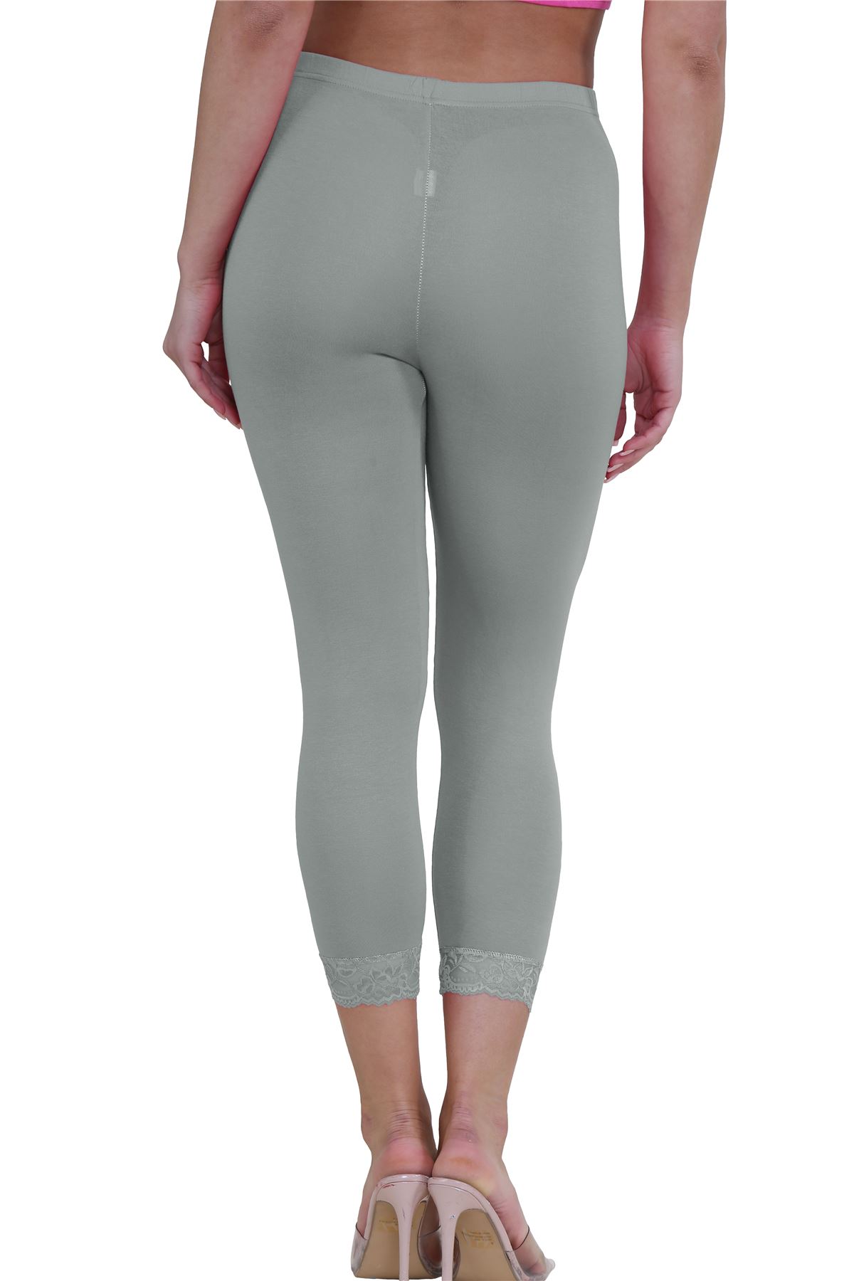 New Ladies Plain Lace Trim Cropped Yoga Stretchy 3/4 Length Capri Leggings Pants - Picture 48 of 132