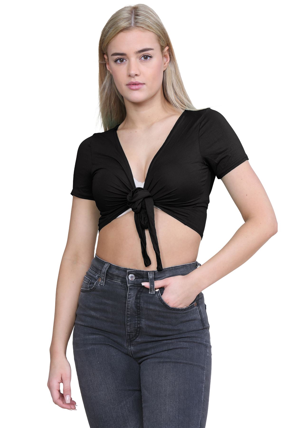 Damen-Cardigan Kurzarm vorne zum Binden einfach Bolero Achselzucken lässig bauchfrei Oberteil - Bild 8 von 133