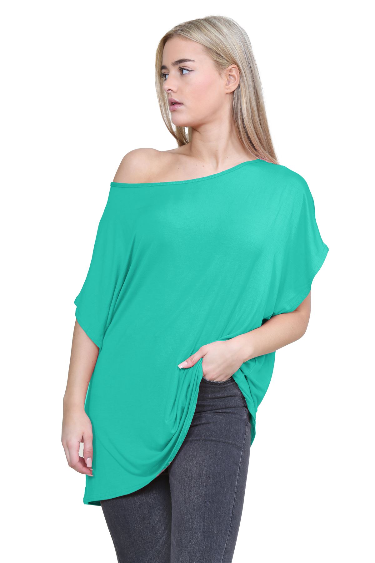 Schulterfreies Damen-T-Shirt Oberteil Fledermausärmel Oversize uni Freizeit Bardot Oberteil - Bild 65 von 225