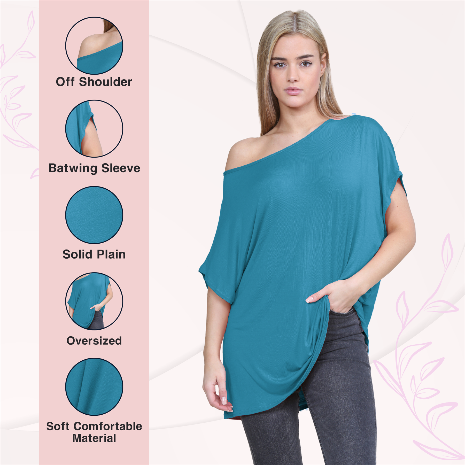Schulterfreies Damen-T-Shirt Oberteil Fledermausärmel Oversize uni Freizeit Bardot Oberteil - Bild 199 von 225