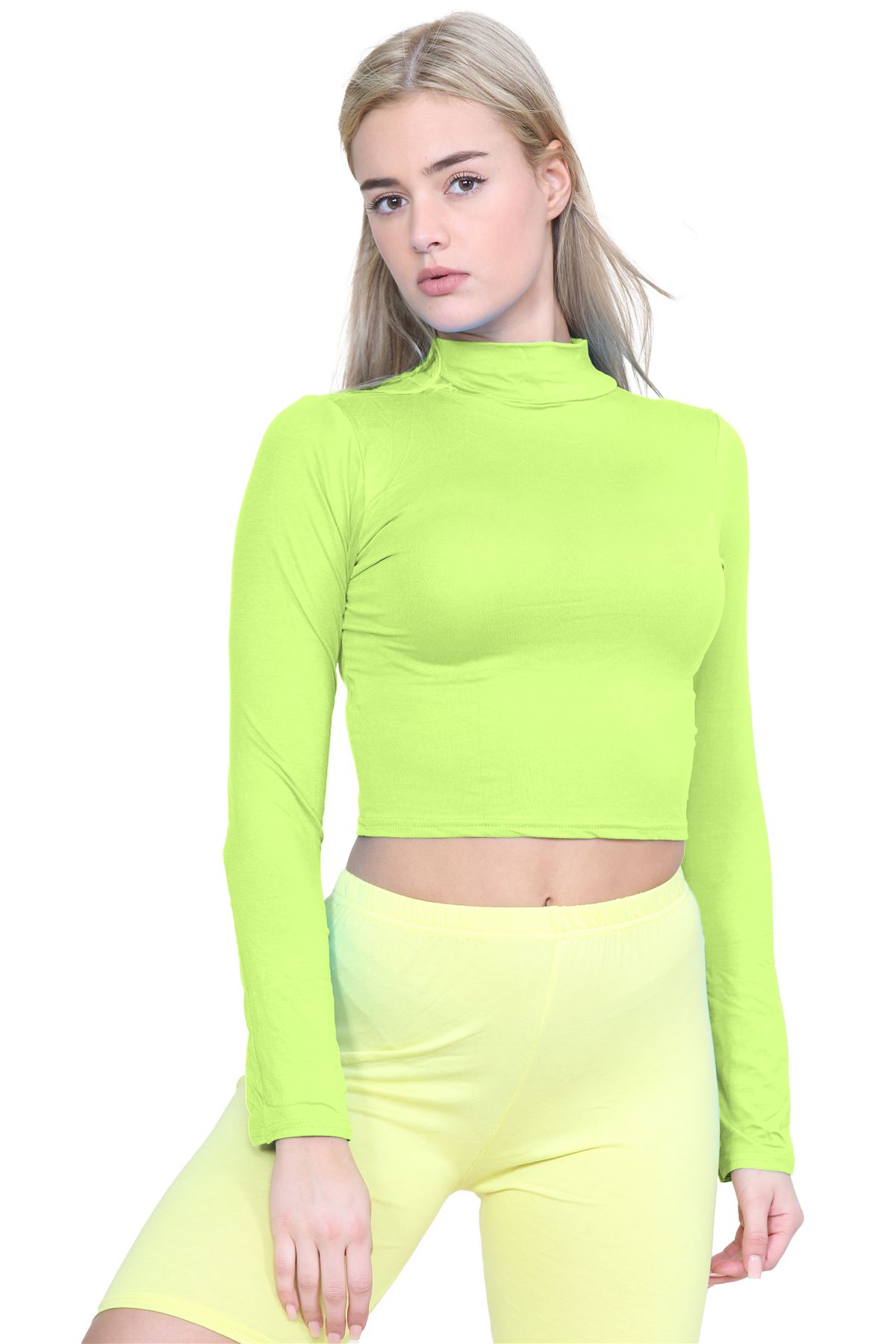 Turtle Neck Crop Top Womens Plain Long Sleeve Stretchy Basic Polo Neck T-Shirt - Picture 70 of 129
