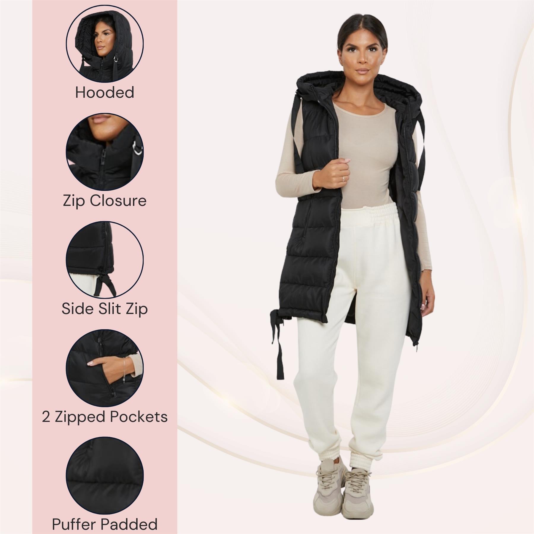 Damas Chaqueta larga acolchada con capucha chaleco acolchada calentador de cuerpo con cremallera - Imagen 14 de 42