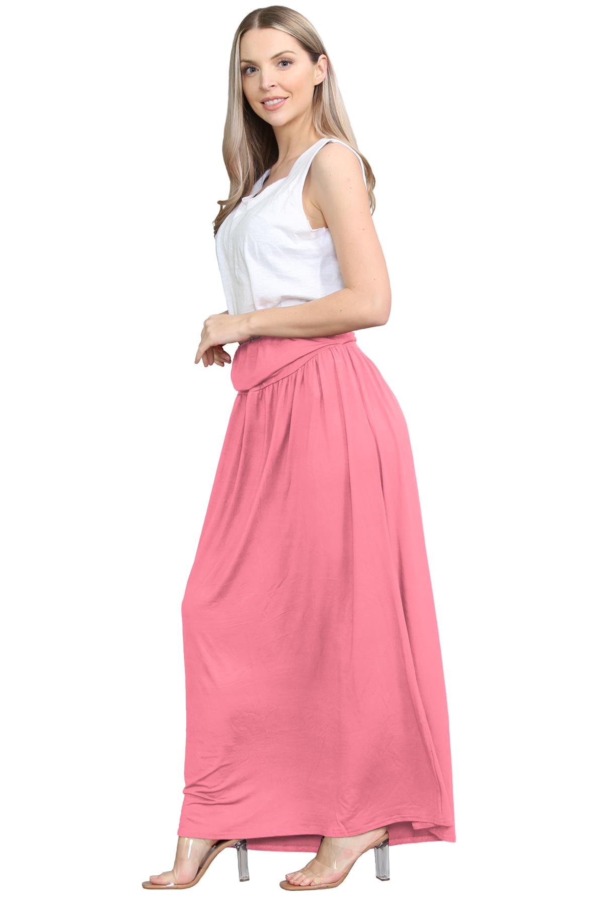 Womens Fold Over Maxi Skirt Plain Pleated Waist Jersey Summer Gypsy Long Skirt - Picture 15 of 68