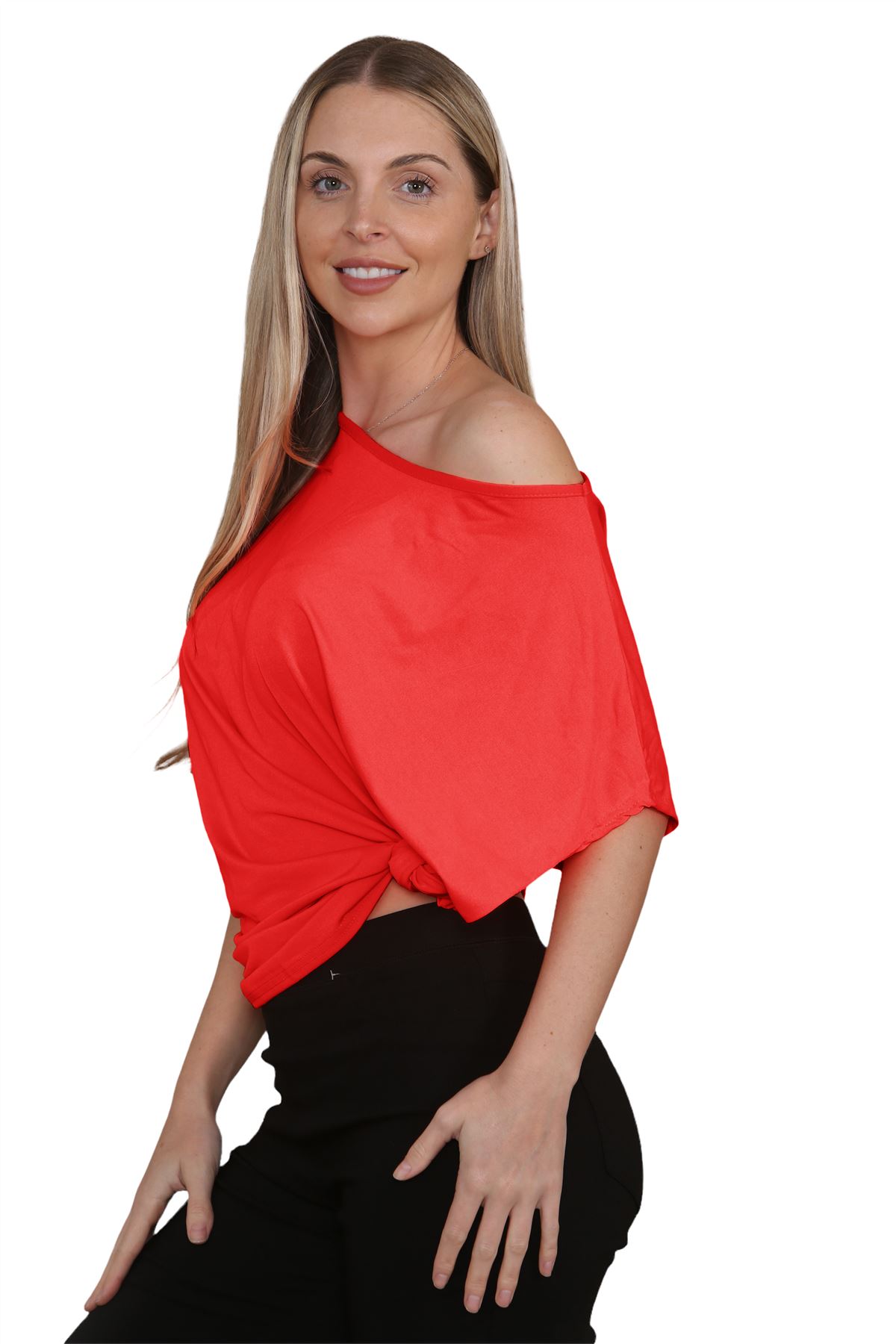 Womens Oversized T Shirt Top Short Sleeve Tie Knot Bardot Off Shoulder Crop Top - Picture 51 of 65