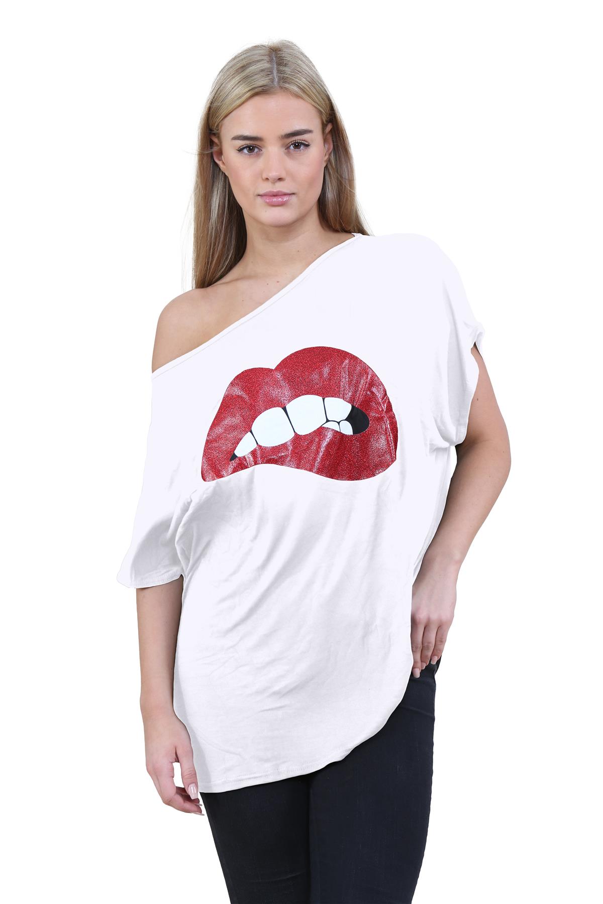 Womens Off Shoulder Top Batwing Sleeve Bardot Oversized T Shirt Plain Summer Top - Picture 172 of 225