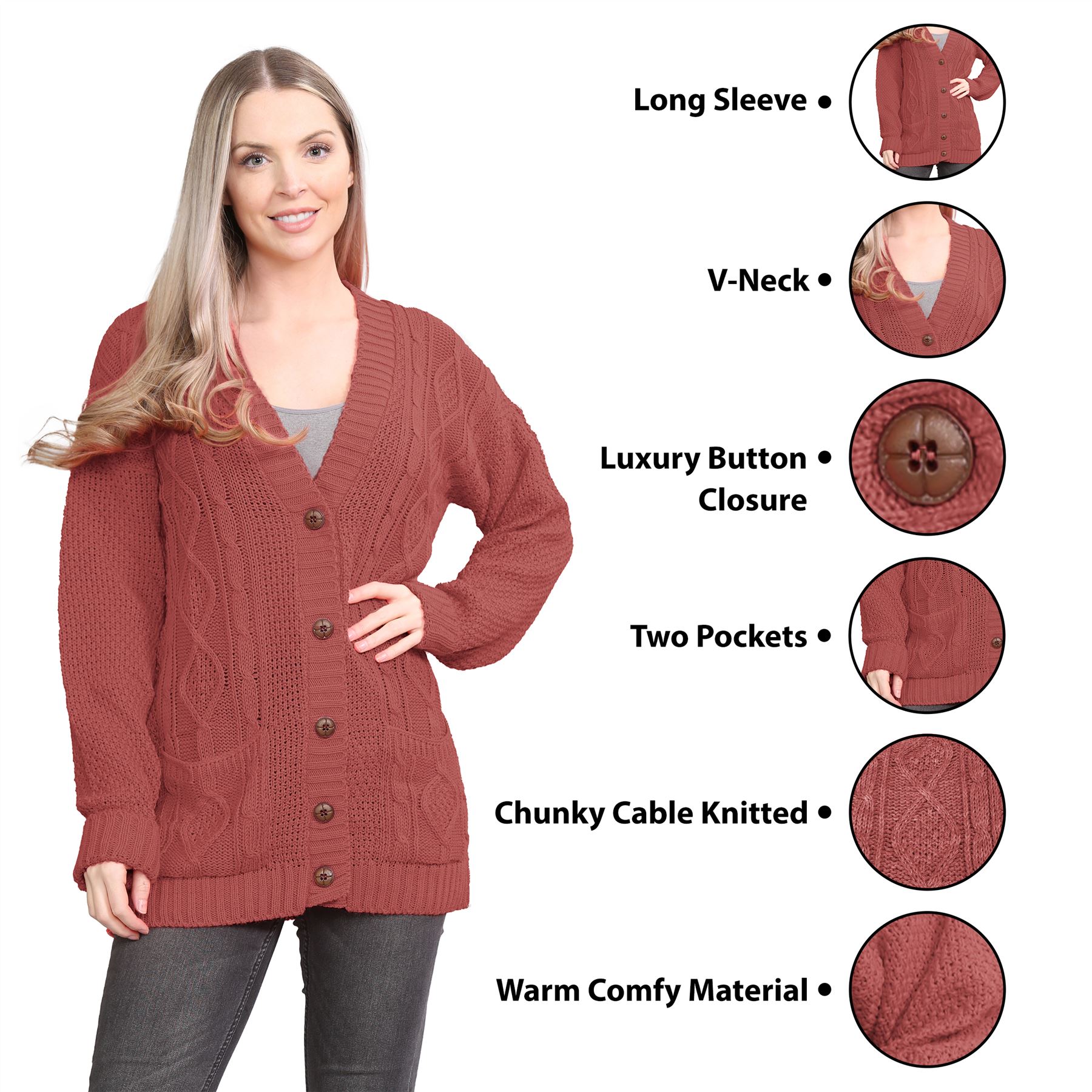 Womens Ladies Chunky Cable Knitted Button Long Sleeve Grandad Cardigan Jumper - Picture 57 of 94