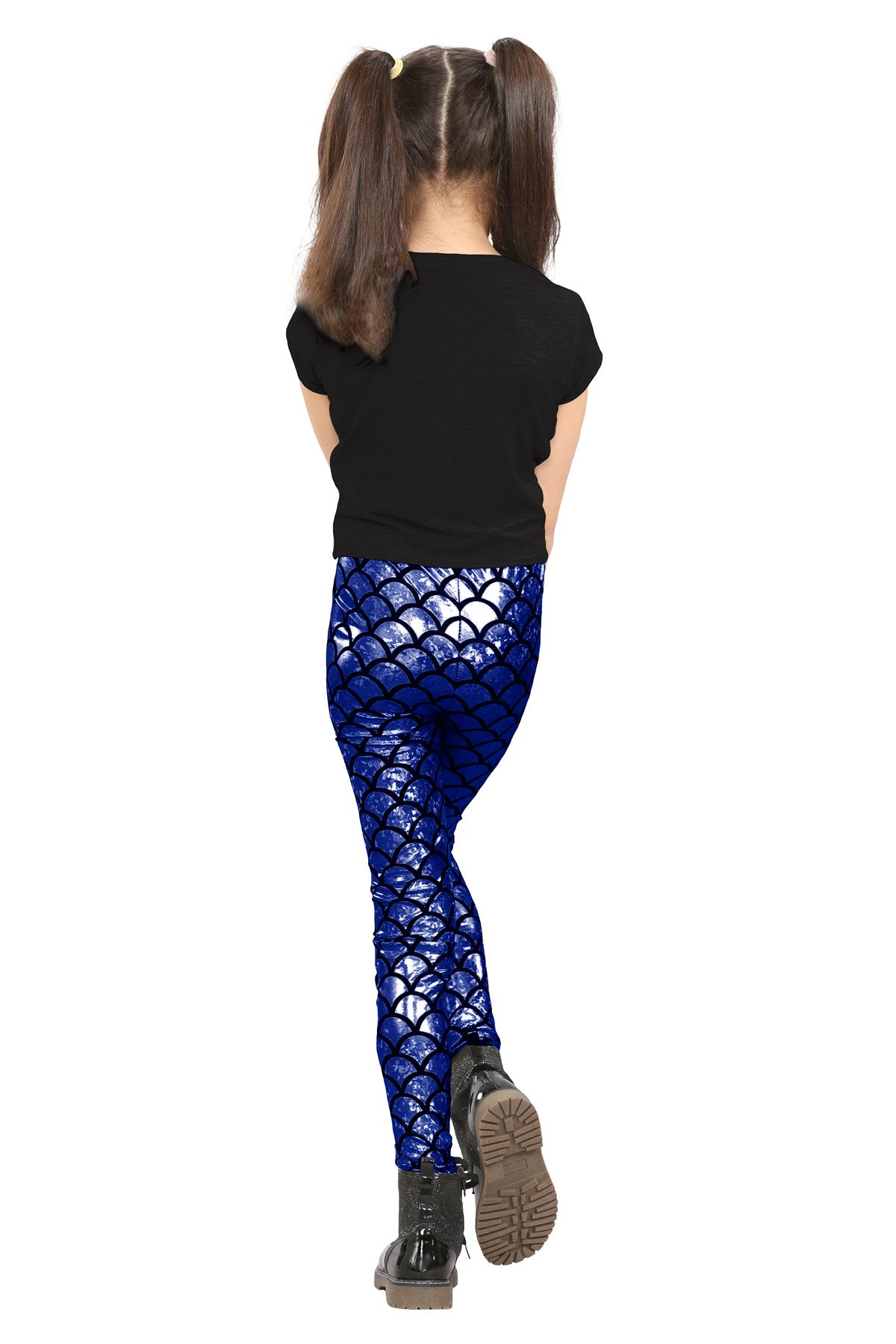 Girls Mermaid Leggings Kids Fish Scale Disco Skinny Shiny Metallic Trouser Pants - Picture 41 of 57