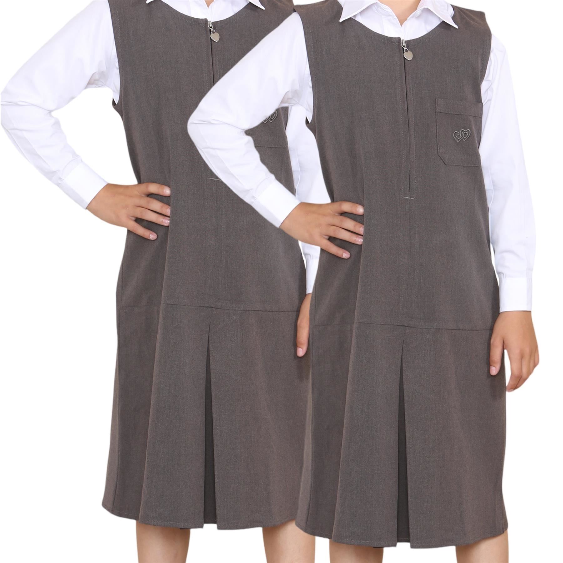 Niñas Vestido Delantal Corazón Bolsillo Plisado Cremallera Uniforme Escolar Vestido Paquete de 2 - Imagen 10 de 25