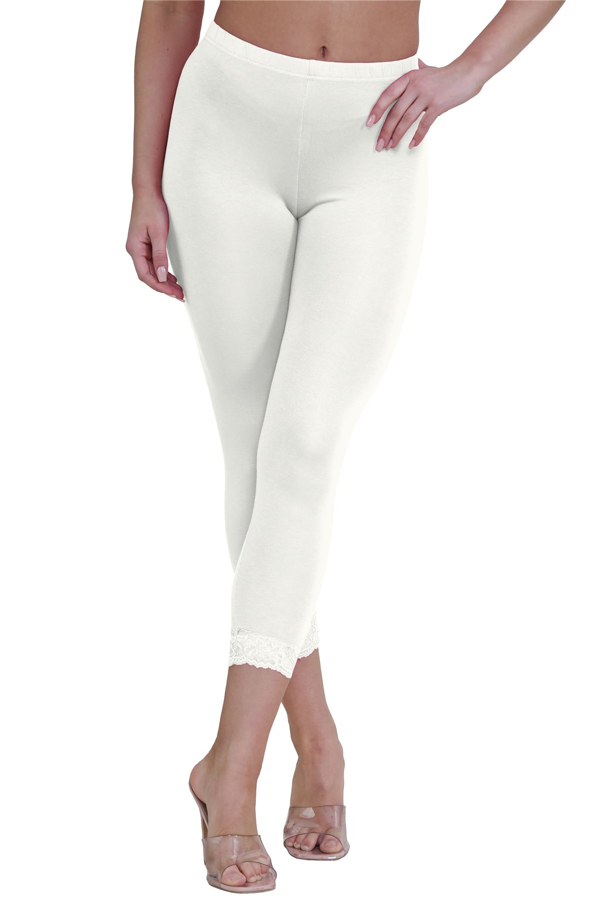 New Ladies Plain Lace Trim Cropped Yoga Stretchy 3/4 Length Capri Leggings Pants - Picture 19 of 132
