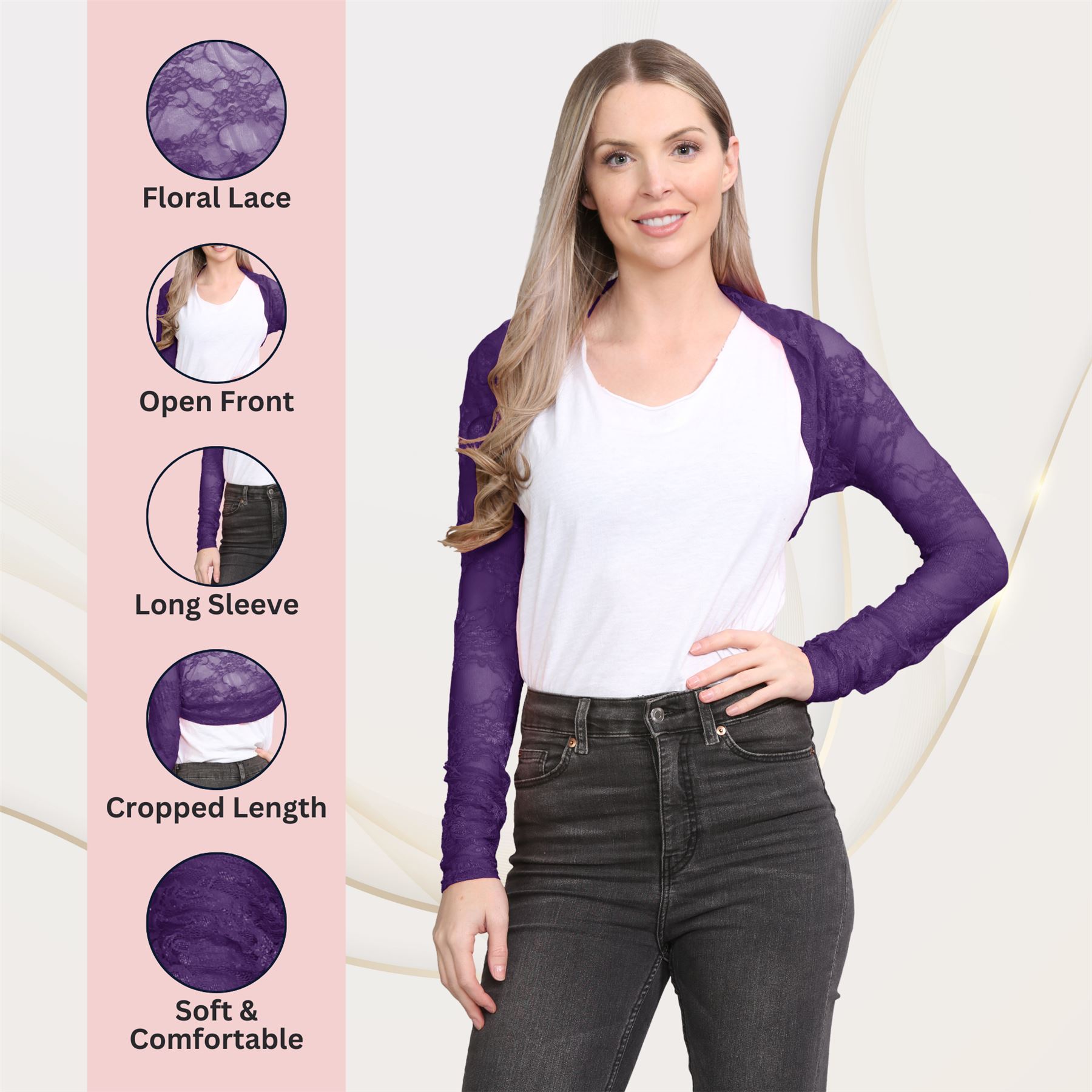 Damen Blumen Spitze Bolero Achselzucken vorne offen lange Ärmel Cropped Cardigan Top - Bild 41 von 79