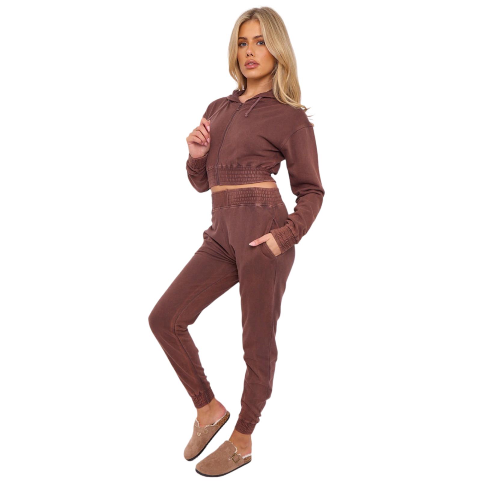 Womens Acid Wash Cropped Zip Hoodie Fleece Joggers Tracksuit 2Pcs Loungewear Set - Picture 10 of 24