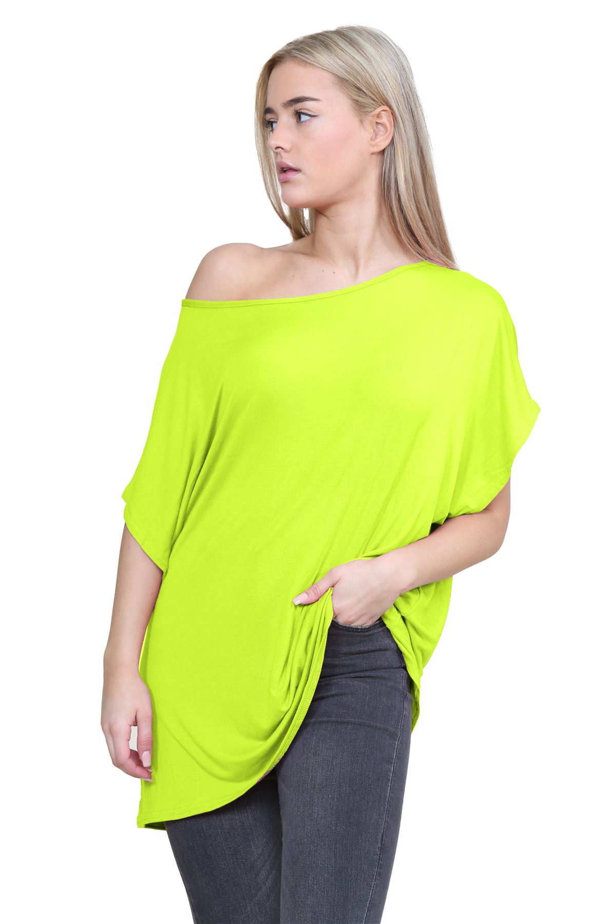 Schulterfreies Damen-T-Shirt Oberteil Fledermausärmel Oversize uni Freizeit Bardot Oberteil - Bild 125 von 225