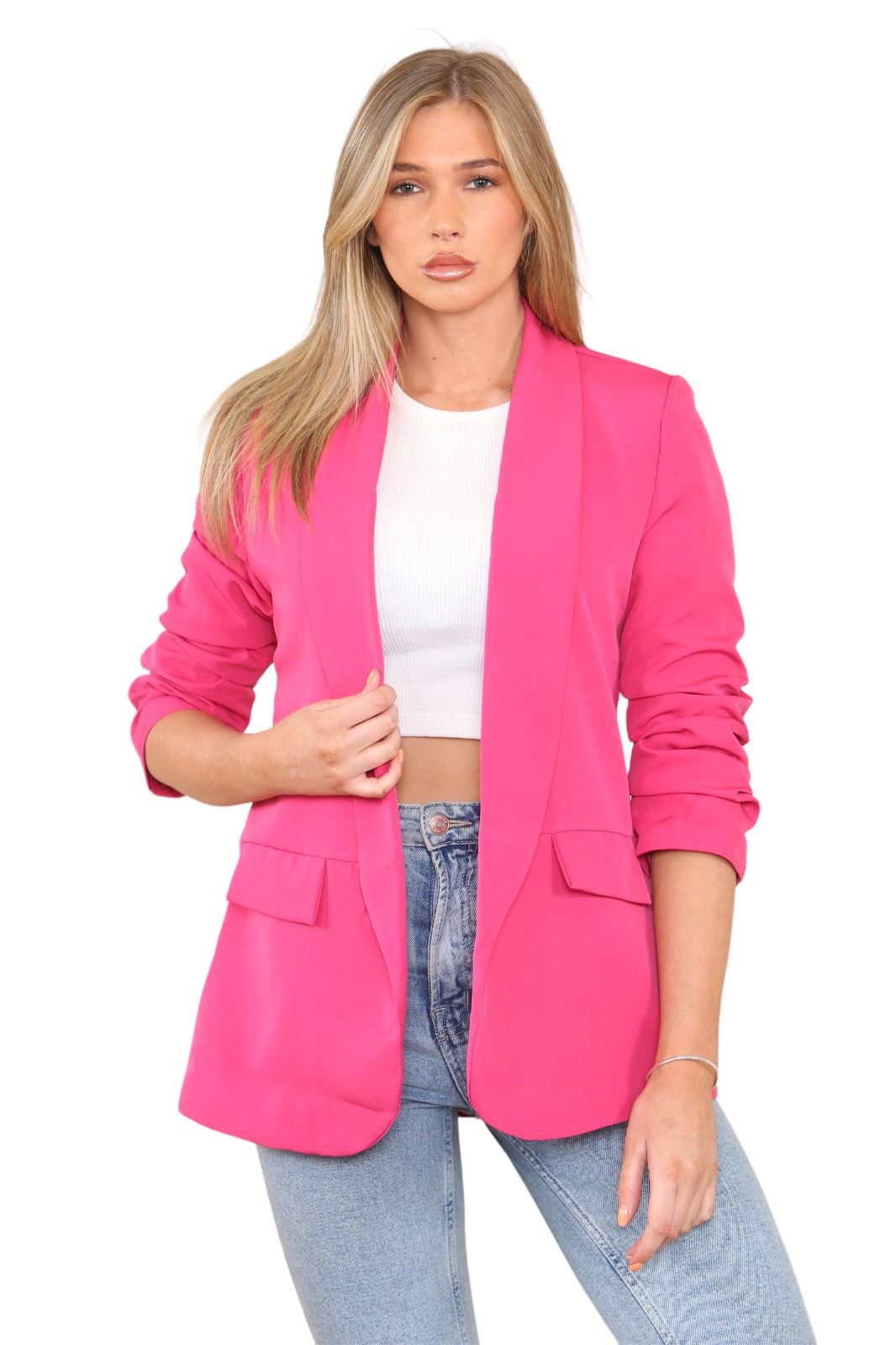 Blazer de manga acanalada para damas totalmente forrado cuello liso informal chaqueta de oficina top - Imagen 15 de 97