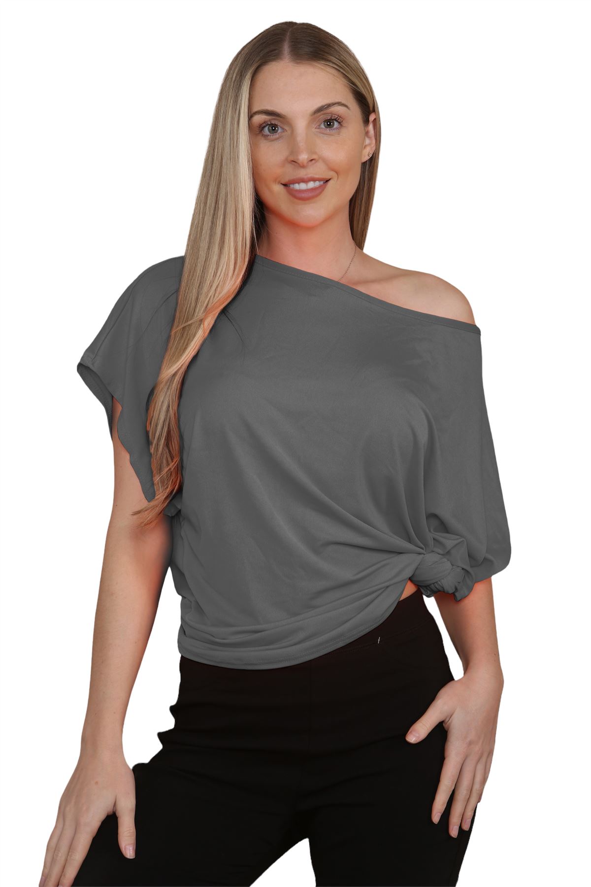 Womens Oversized T Shirt Top Short Sleeve Tie Knot Bardot Off Shoulder Crop Top - Picture 12 of 65