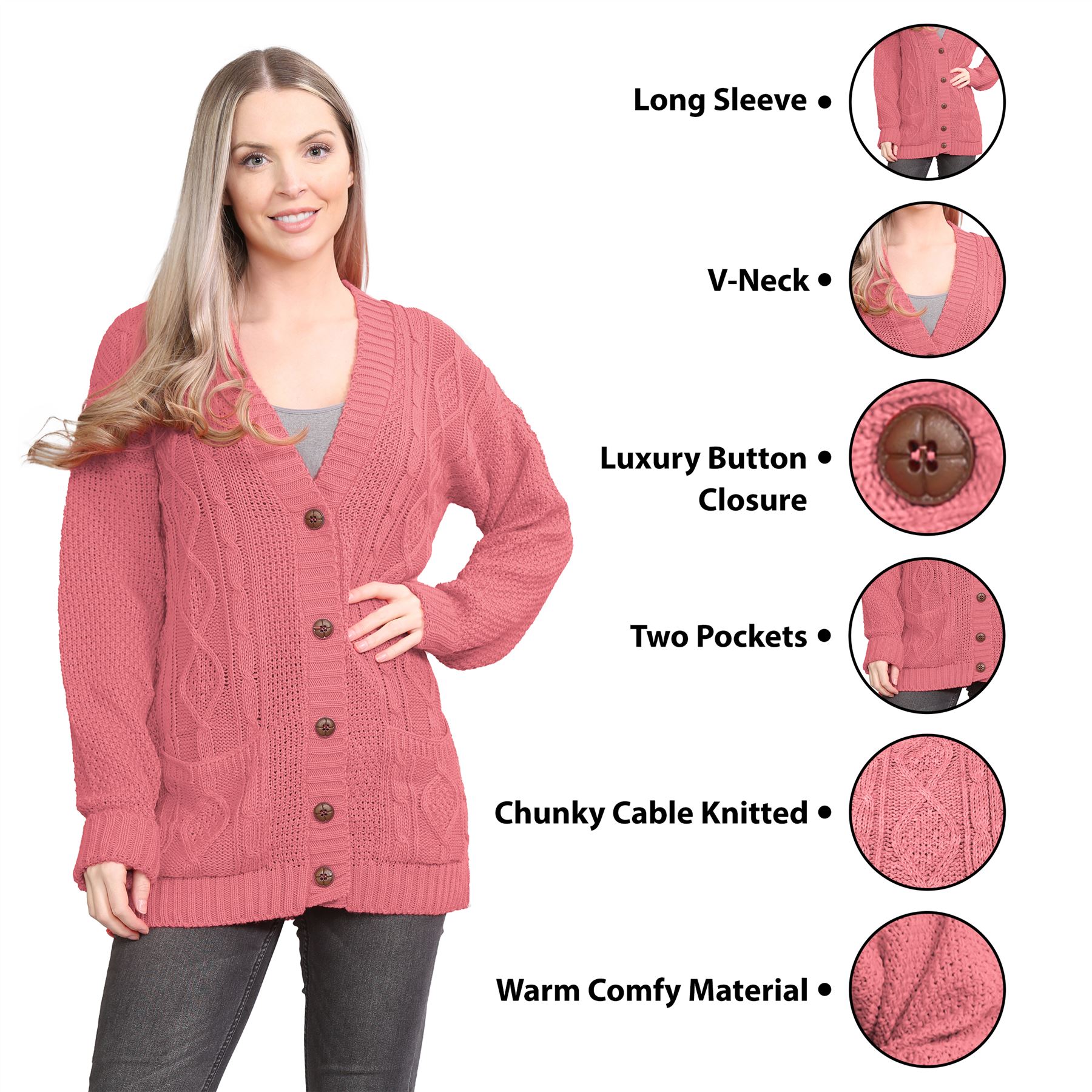 Womens Ladies Chunky Cable Knitted Button Long Sleeve Grandad Cardigan Jumper - Picture 21 of 94