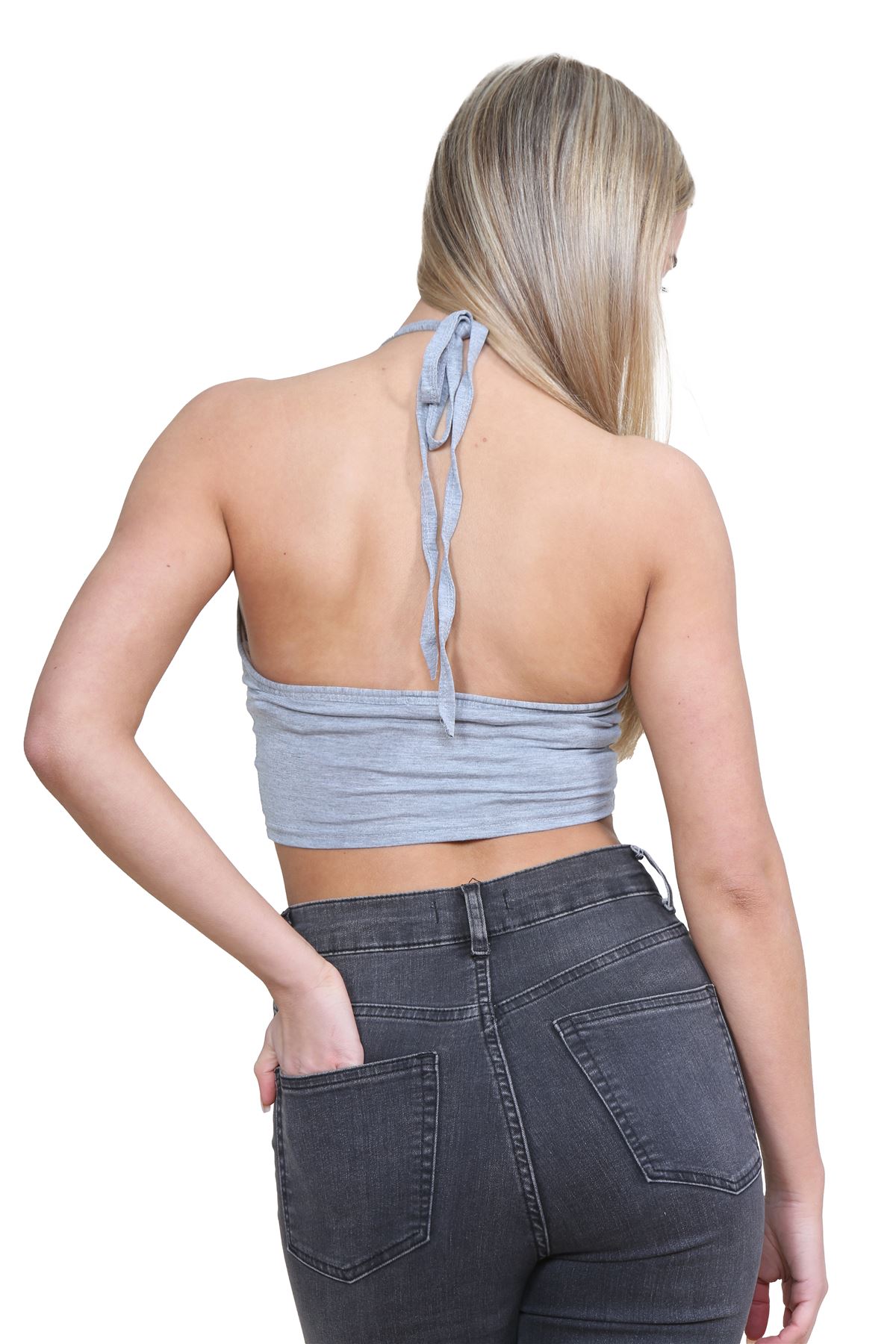 Halter Neck Crop Top Womens Vest Top Plain Tie Knot Top Basic Sleeveless T-Shirt - Picture 53 of 170
