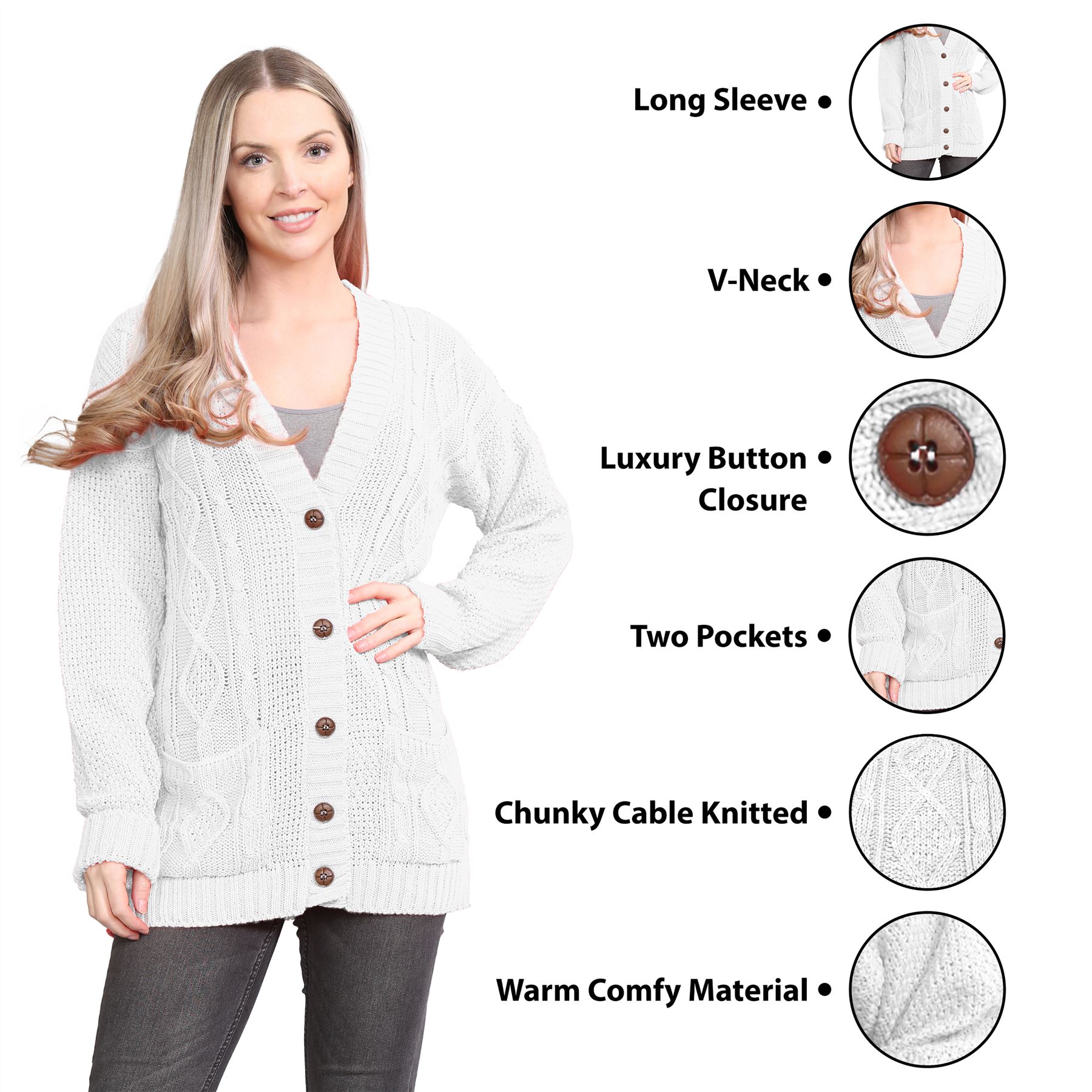 Womens Ladies Chunky Cable Knitted Button Long Sleeve Grandad Cardigan Jumper - Picture 86 of 94