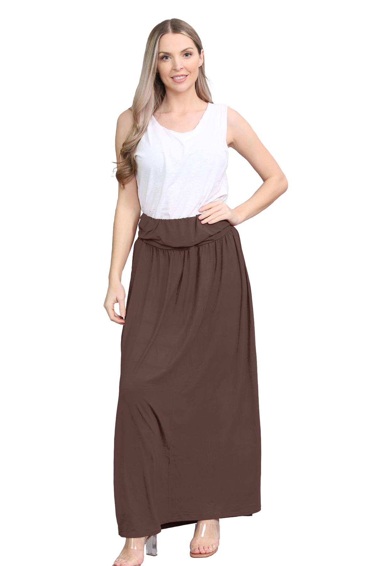 Womens Fold Over Maxi Skirt Plain Pleated Waist Jersey Summer Gypsy Long Skirt - Picture 2 of 68