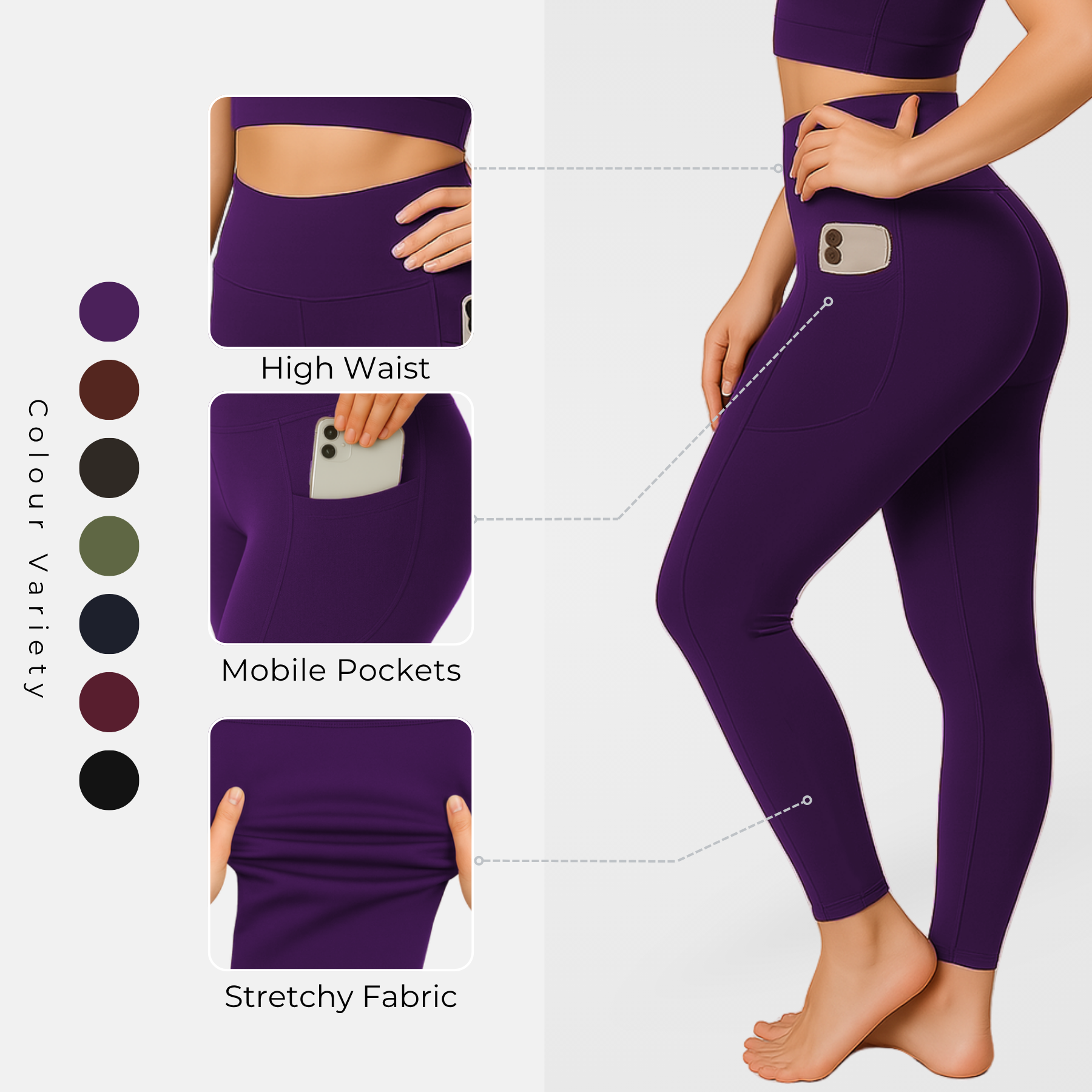 Womens Activewear Leggings High Waist Gym Yoga Workout Leggings With Pockets - Picture 48 of 50