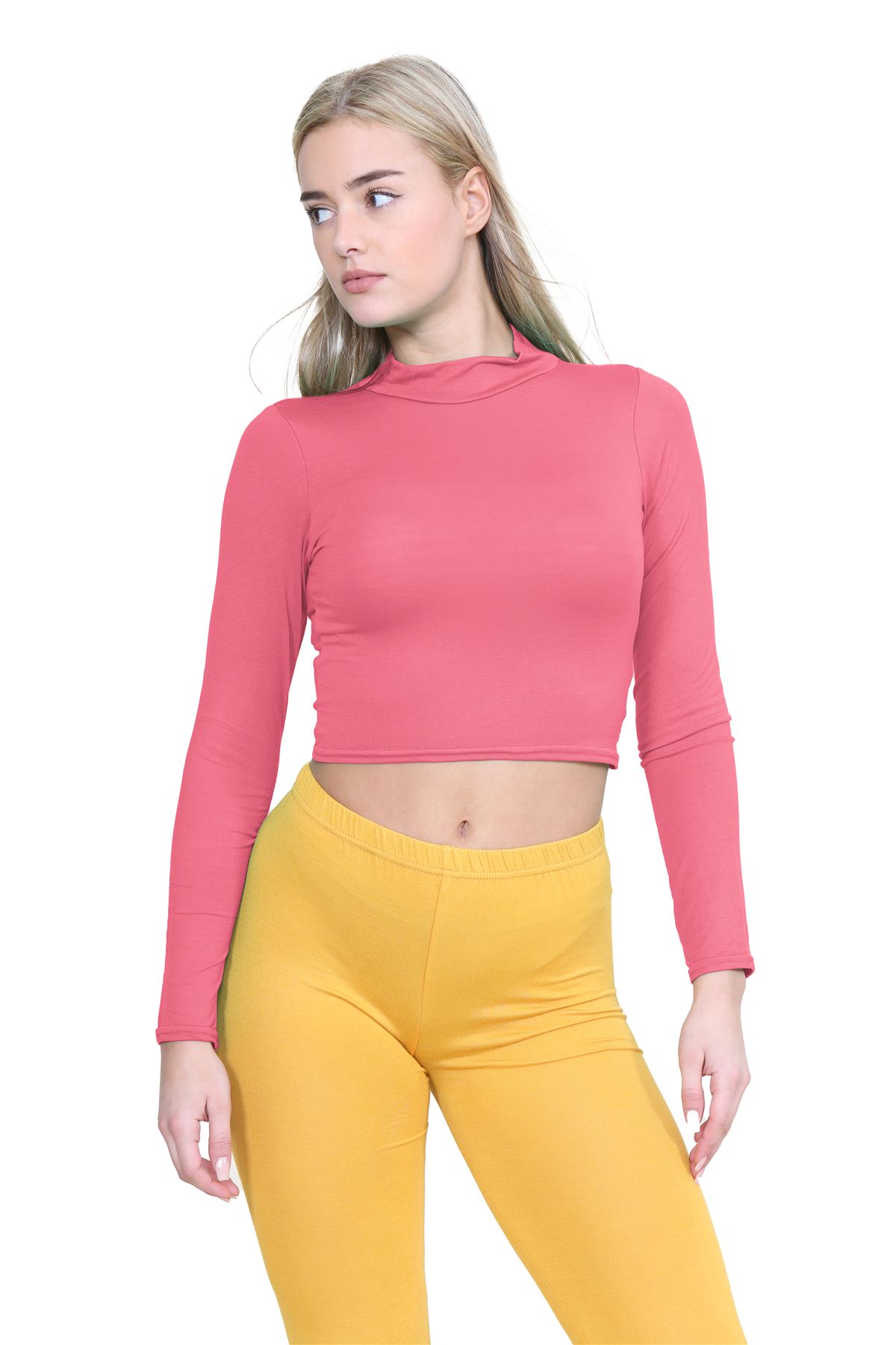 Turtle Neck Crop Top Womens Plain Long Sleeve Stretchy Basic Polo Neck T-Shirt - Picture 30 of 129