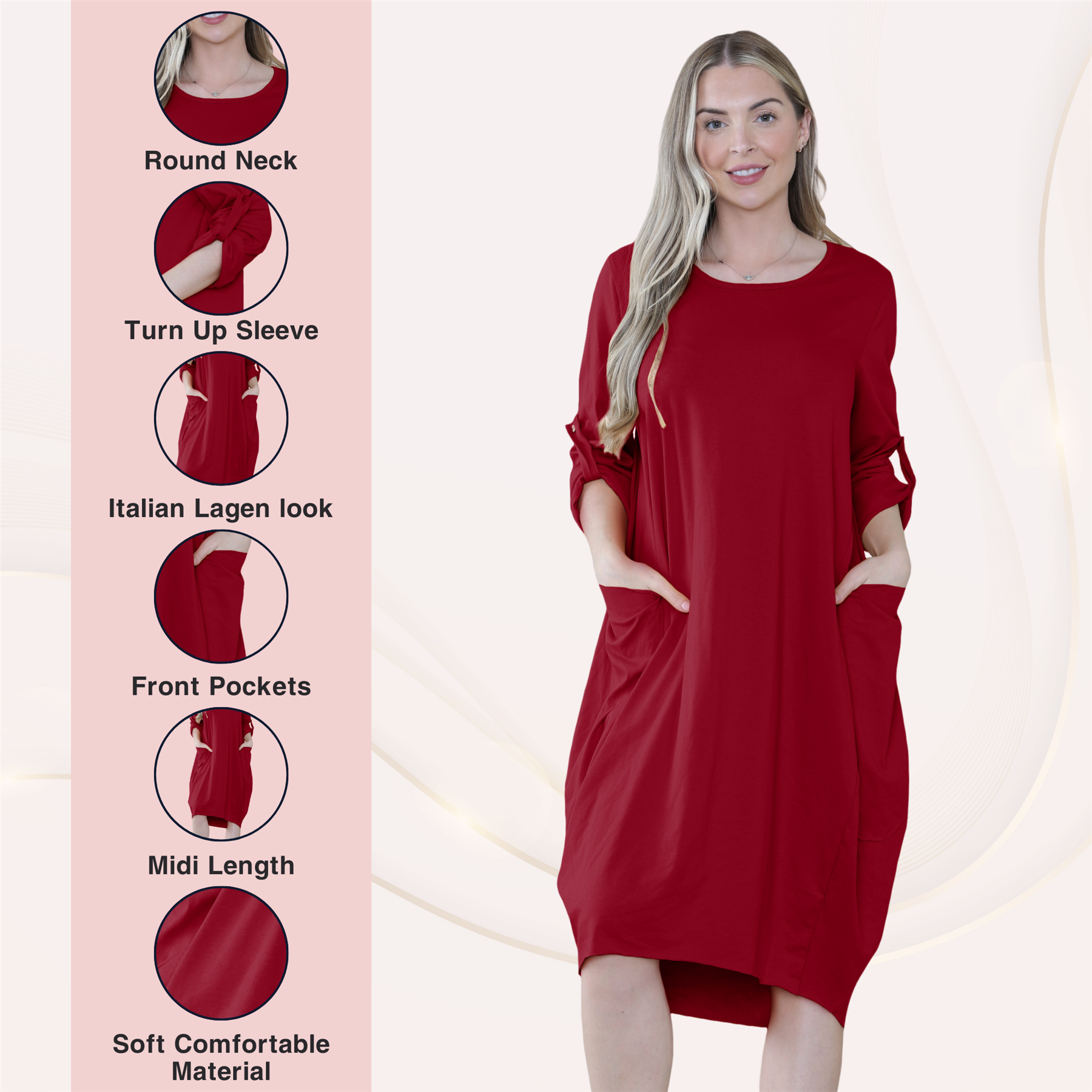 Vestido túnica italiana con mangas giratorias para damas Vestido Lagenlook Bolsillos lisos Vestido holgado - Imagen 43 de 45