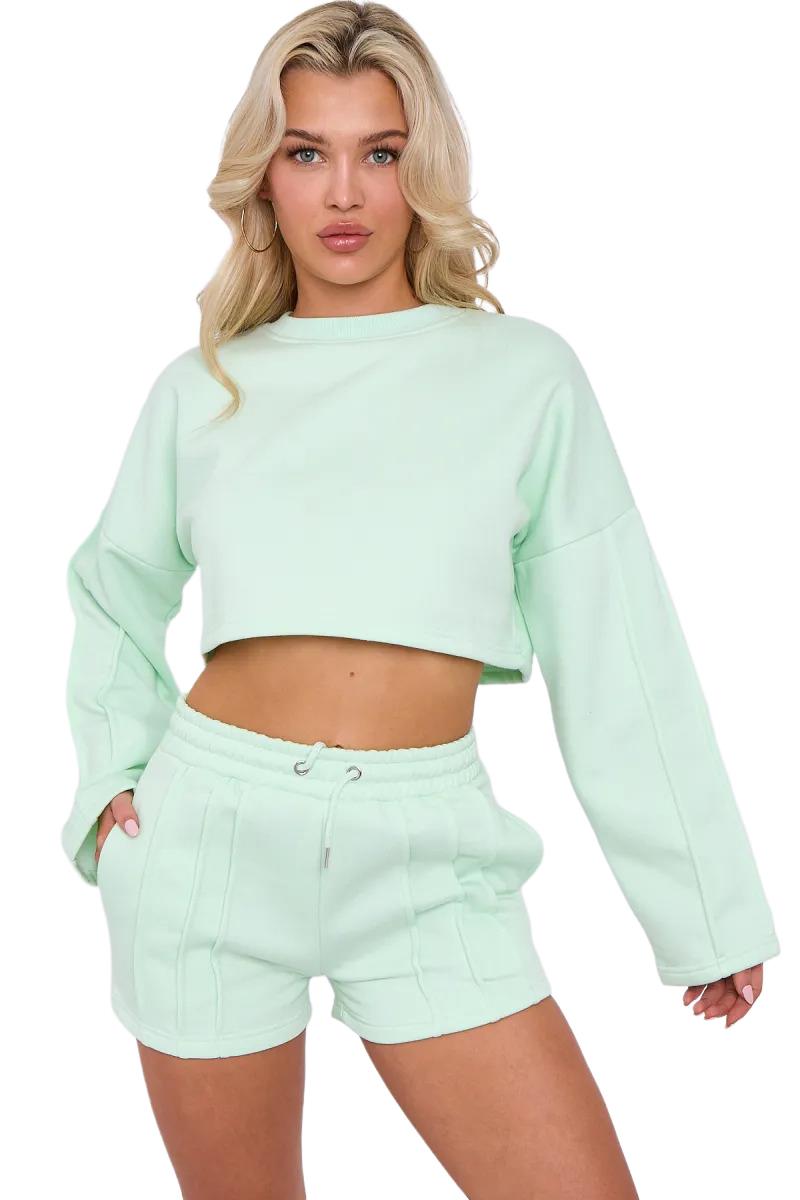 Womens Pleated Lined Crop Top Shorts Set 2 Pcs Co-ord Fleece Loungewear Suit - Picture 13 of 36