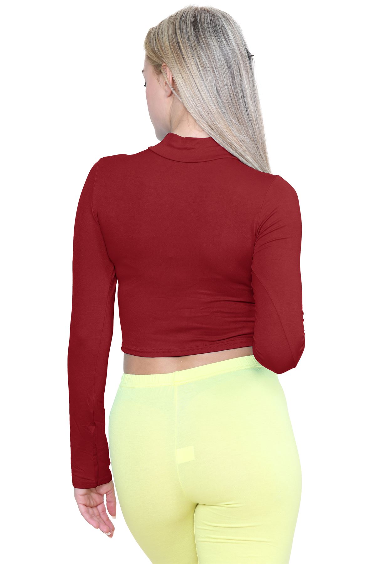 Turtle Neck Crop Top Womens Plain Long Sleeve Stretchy Basic Polo Neck T-Shirt - Picture 123 of 129