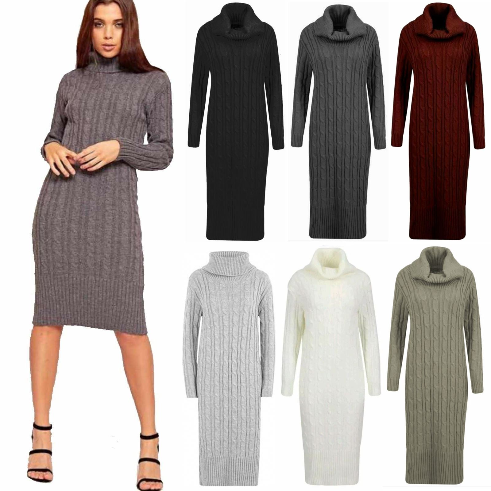 NEW Womens Polo High Neck Long Sleeve Cable Knitted Jumper Dress Ladies Bodycon