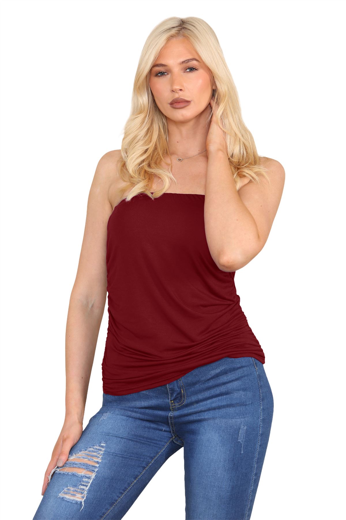 Para mujer Bandeau Top Sin tirantes Boobtube Lado Liso Fruncido Chaleco Camiseta Verano - Imagen 113 de 120