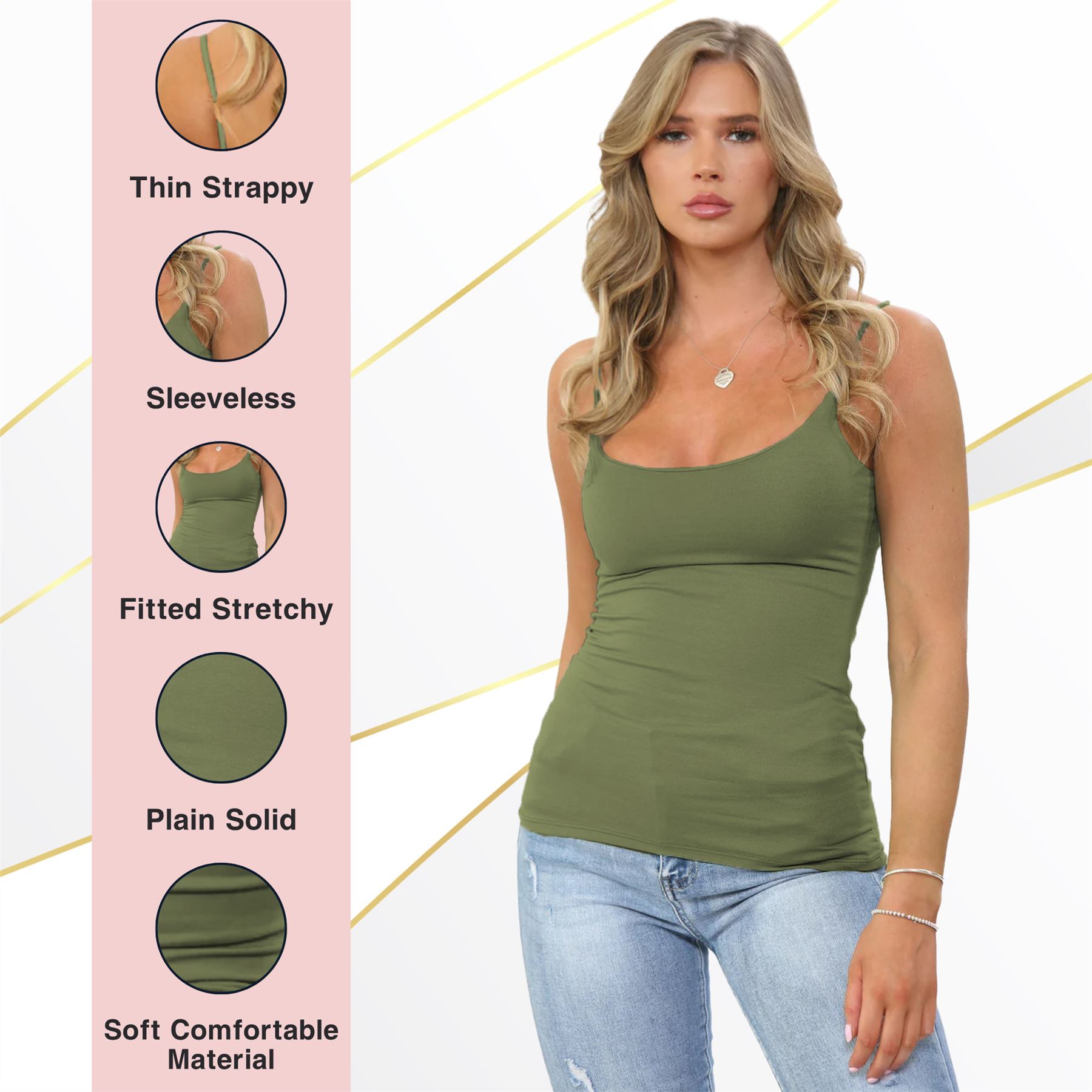 Womens Bodycon Cami Strappy Tank Top Plain Summer Activewear Vest Top, Pack of 3 - Picture 76 of 221