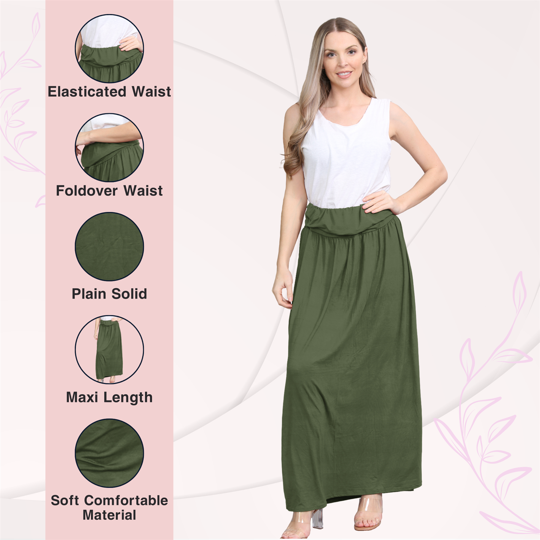 Womens Fold Over Maxi Skirt Plain Pleated Waist Jersey Summer Gypsy Long Skirt - Picture 30 of 68