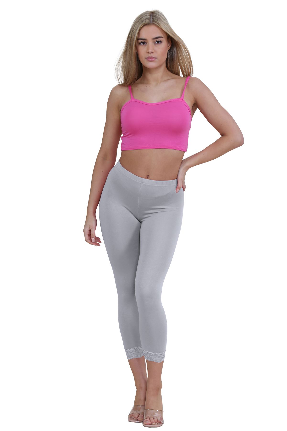 New Ladies Plain Lace Trim Cropped Yoga Stretchy 3/4 Length Capri Leggings Pants - Picture 36 of 132