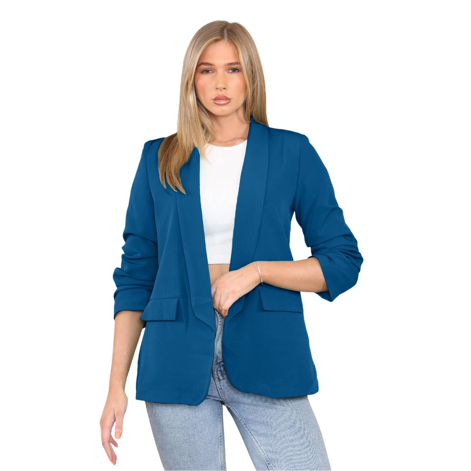 Blazer de manga acanalada para damas totalmente forrado cuello liso informal chaqueta de oficina top - Imagen 79 de 97