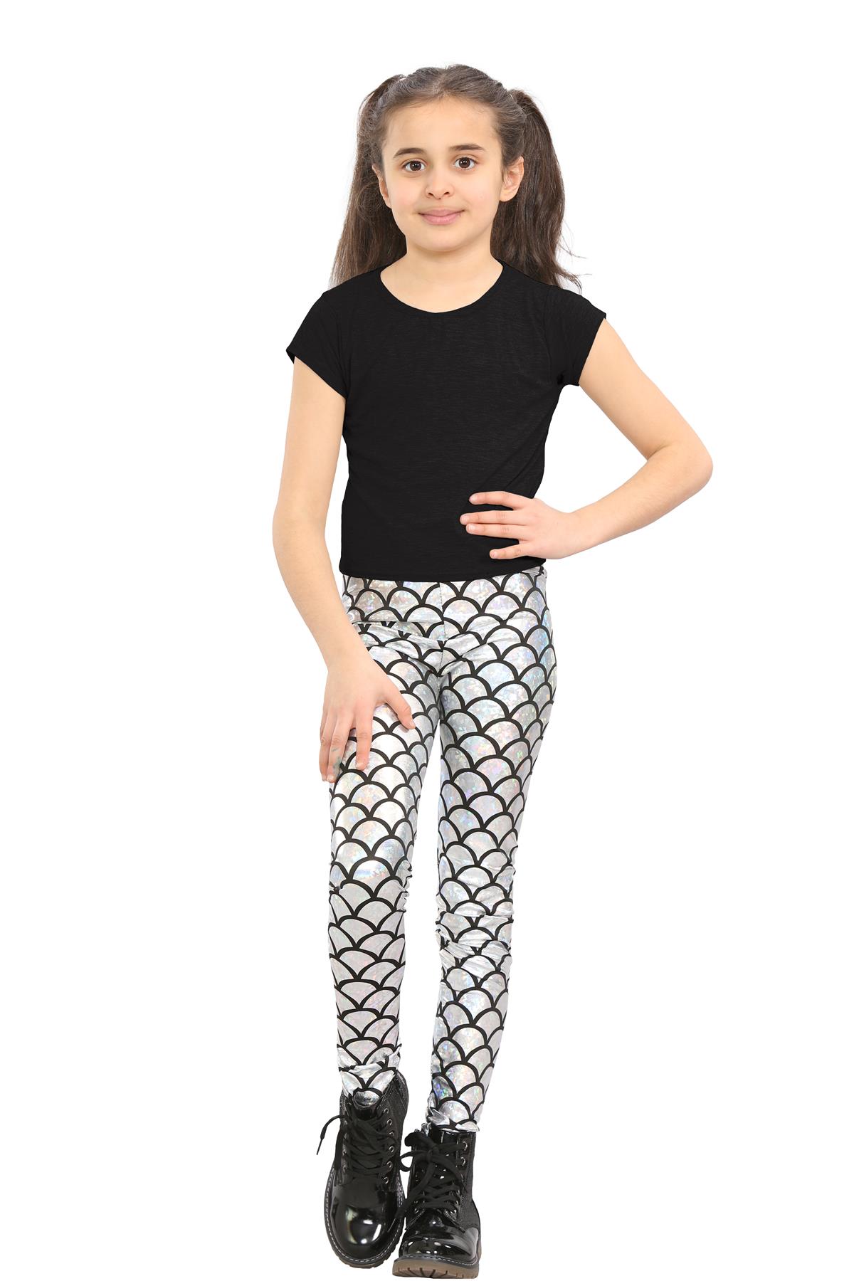 Girls Mermaid Leggings Kids Fish Scale Disco Skinny Shiny Metallic Trouser Pants - Picture 47 of 57
